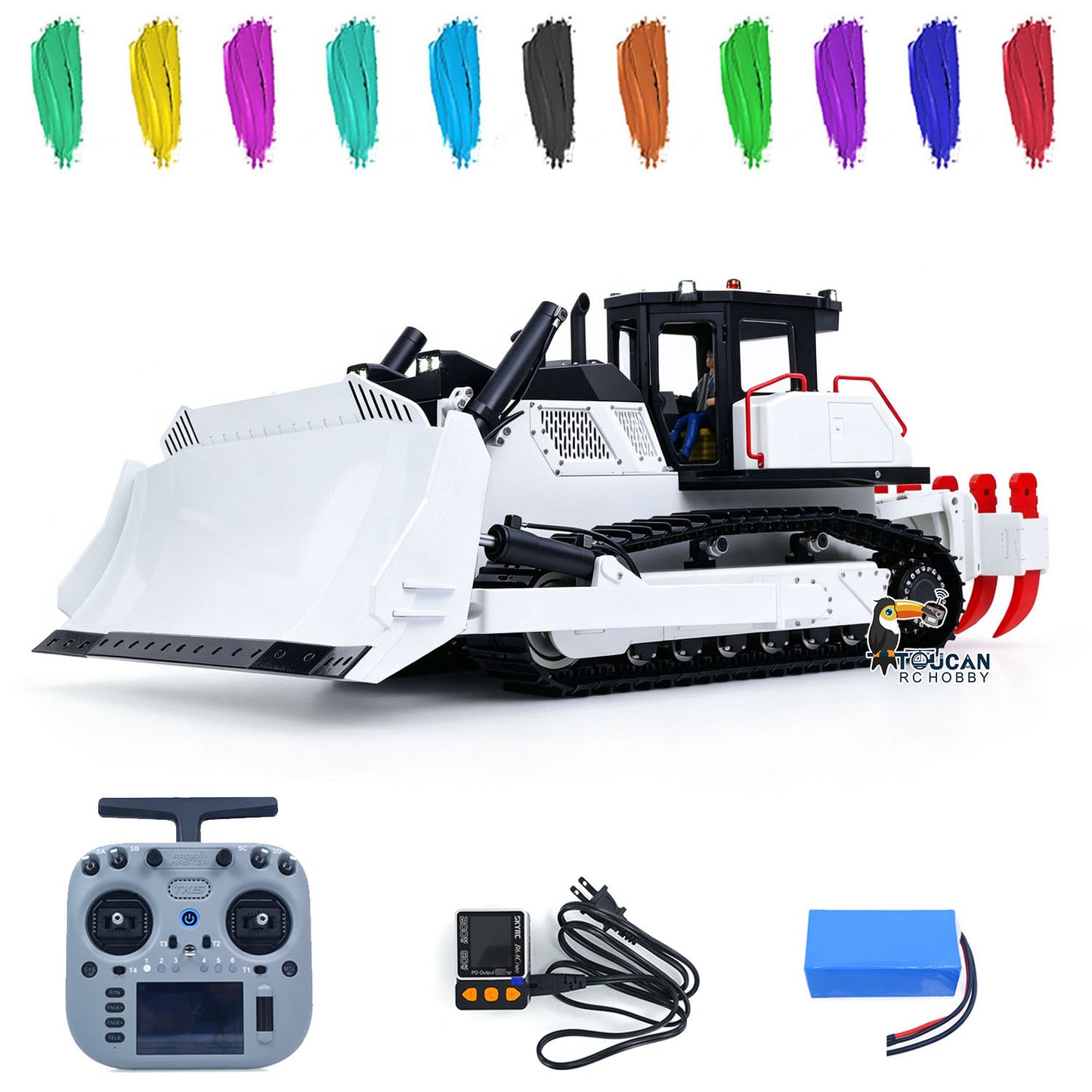 Toucan D155AX 1/12 metal hydraulic RC bulldozer White & Black & Red Ripper front left view with RadioMaster TX15 V5 transmitter and battery