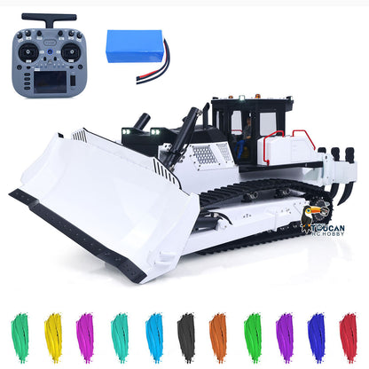 Toucan D155AX 1/12 metal hydraulic RC bulldozer White & Black front left view with RadioMaster TX15 V5 transmitter and battery
