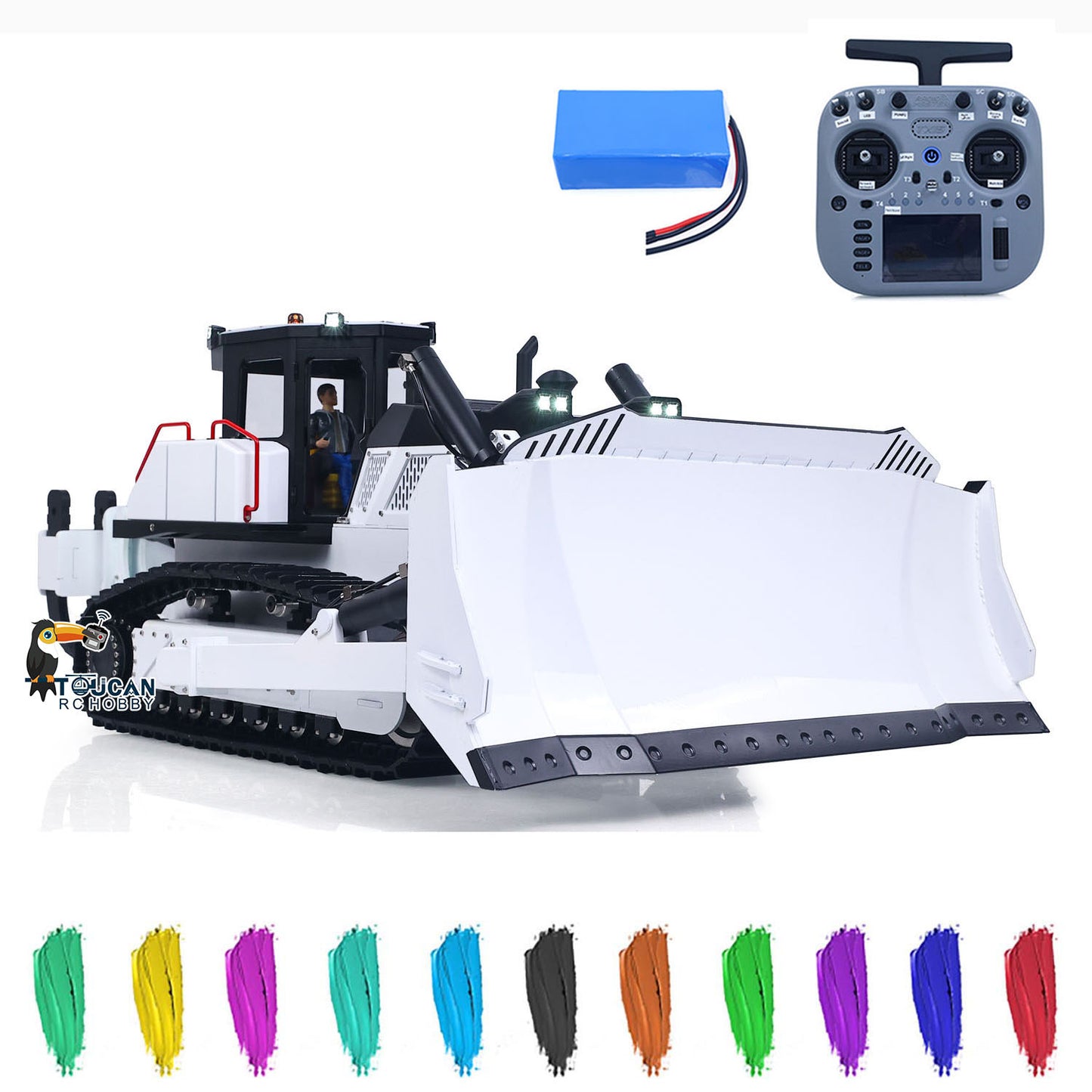 Toucan D155AX 1/12 metal hydraulic RC bulldozer White & Black front right view with complete RTR accessories