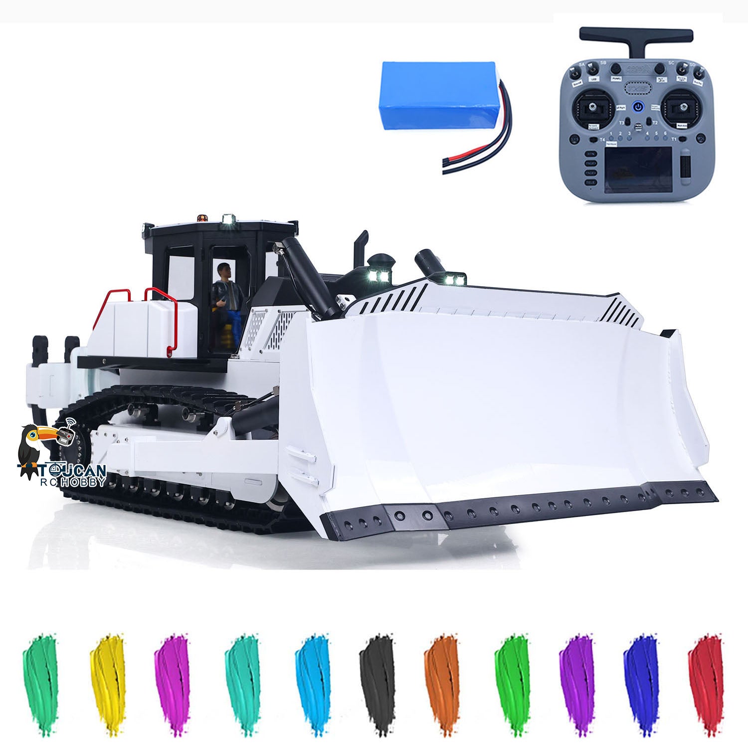 Toucan D155AX 1/12 metal hydraulic RC bulldozer White & Black front right view with complete RTR accessories