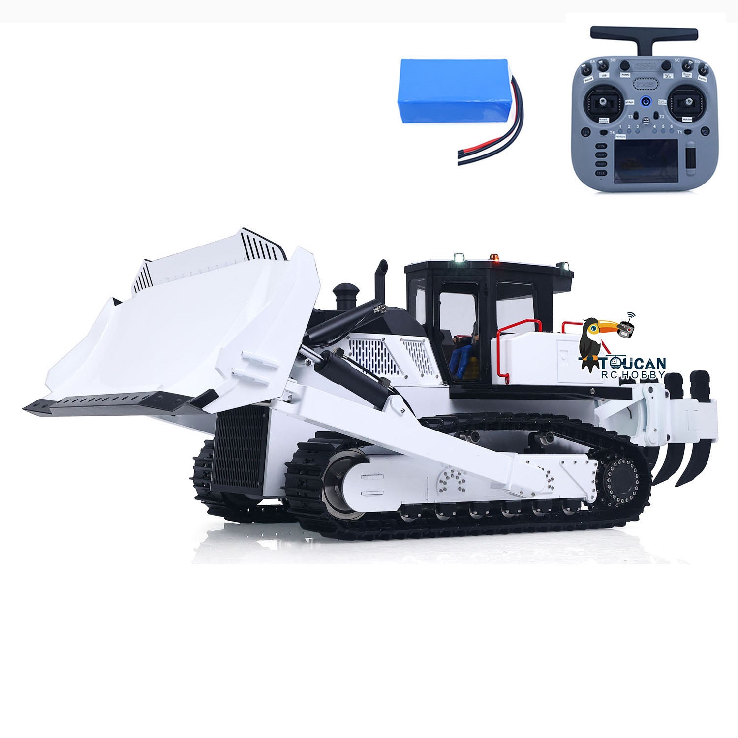 Toucan D155AX 1/12 metal hydraulic RC bulldozer White & Black side view with transmitter and battery