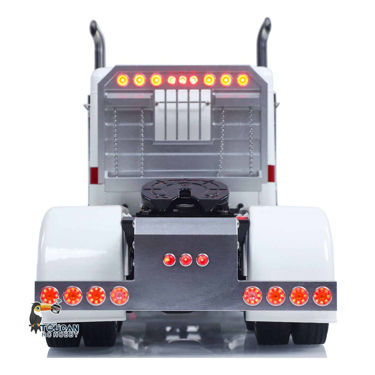 TOUCAN GrandHauler 1/14 8X4 RC Tractor Truck White Red Rear View, Illuminated Tail Lights, Full Functional Lighting System