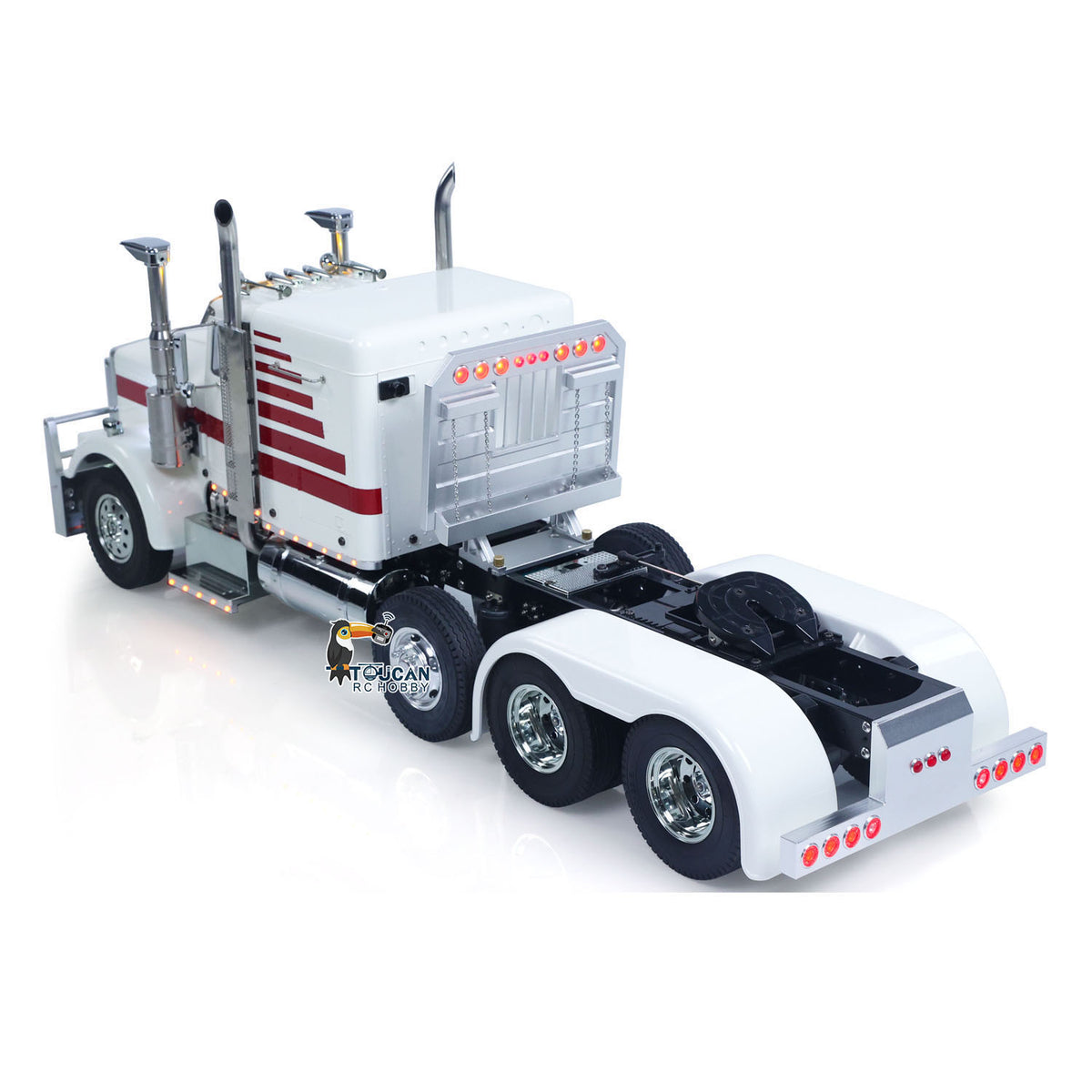 TOUCAN GrandHauler 1/14 8X4 RC Tractor Truck White Red Right Rear Oblique View, Rear Equipment Rack & Multi-Axle Chassis Structure