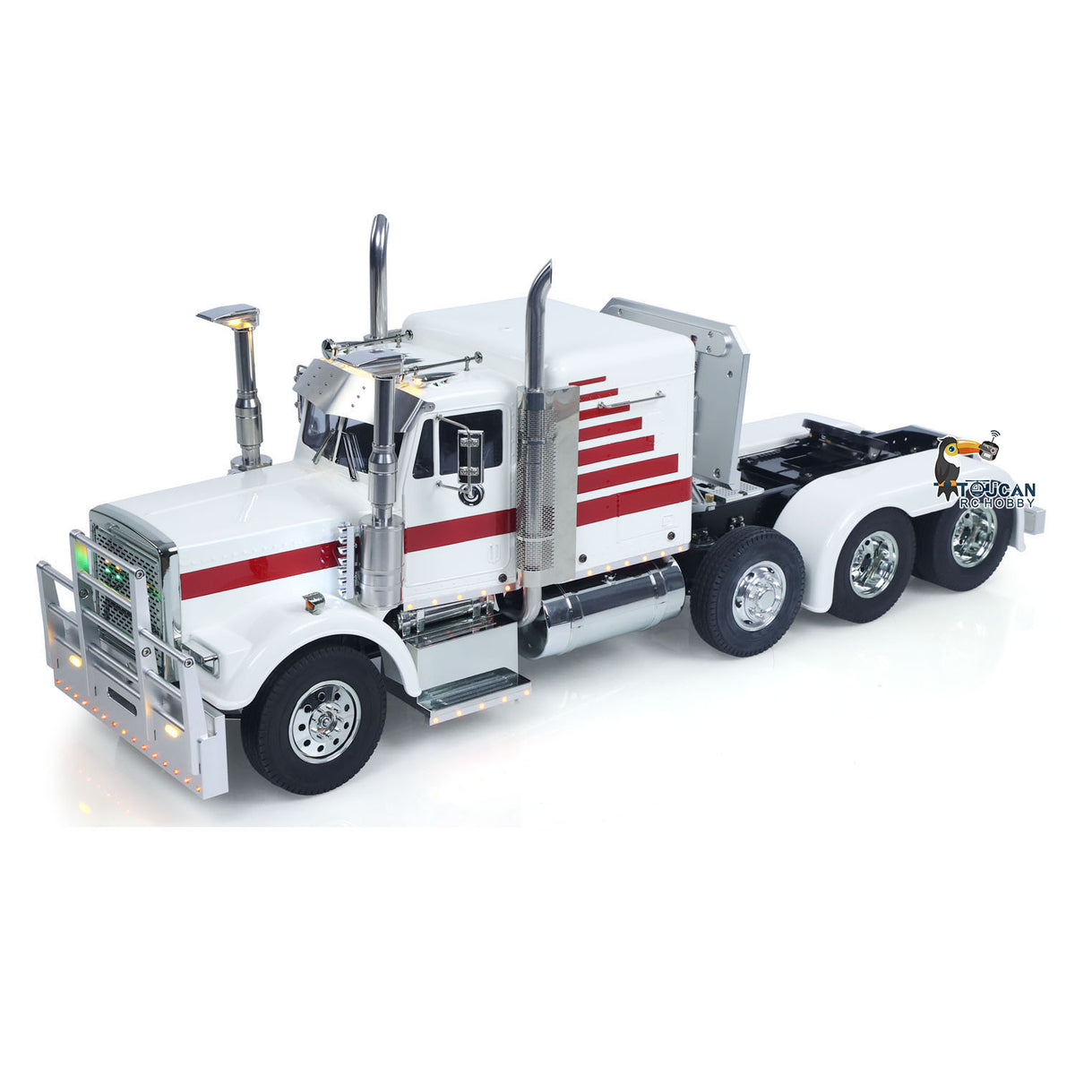TOUCAN GrandHauler 1/14 8X4 RC Tractor Truck White Red Right Side Full Profile, Full Length Chassis & Classic Long Cab Design