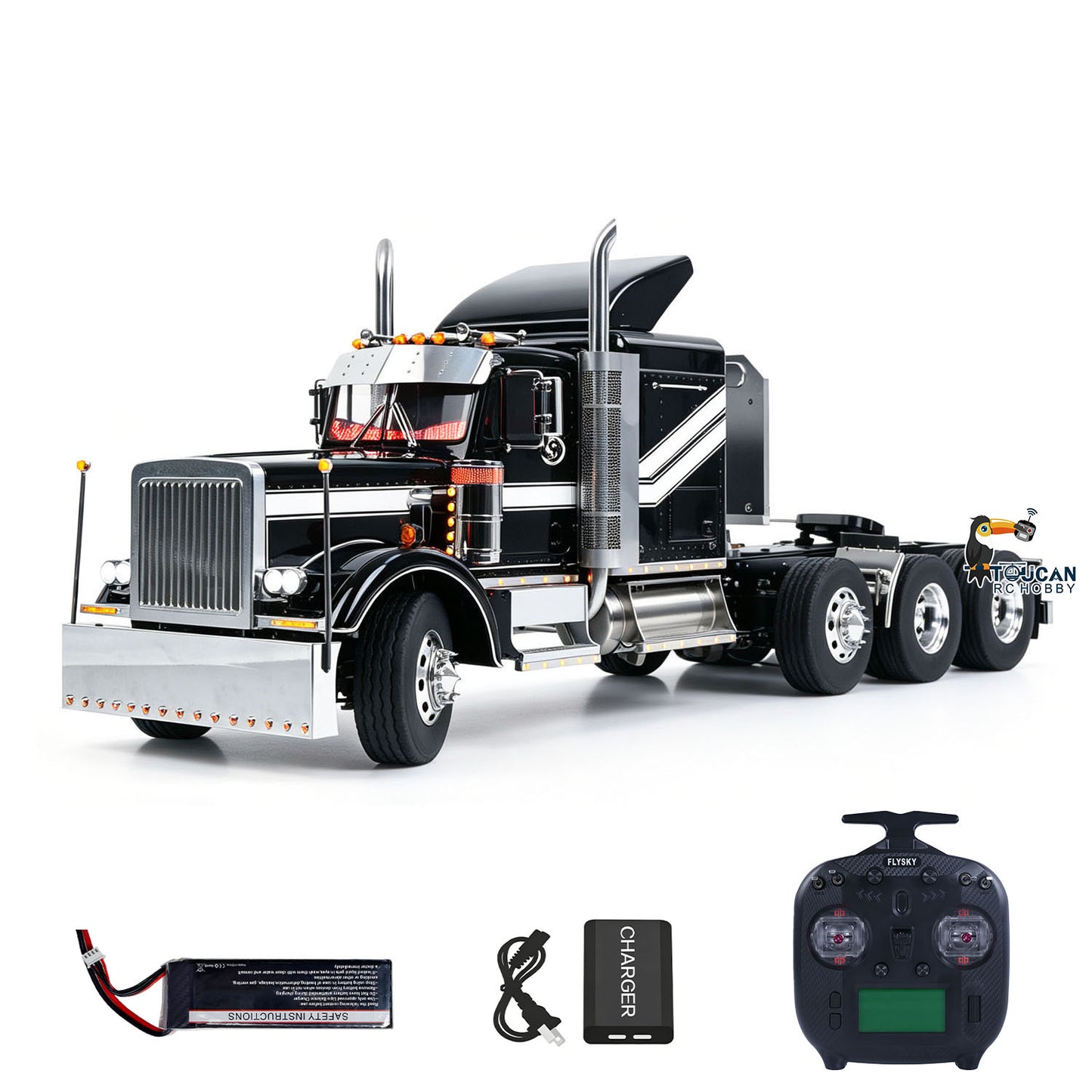 TOUCAN 1/14 RC Metal 8X6 Tractor Truck GrandHauler Pre‑Painted Assembled Black White Stripe, Steerable Mid‑lift Axle, Suspension Chassis, ST8 Transmitter, 2S‑5200mAh Battery And Charger Included, No Antenna