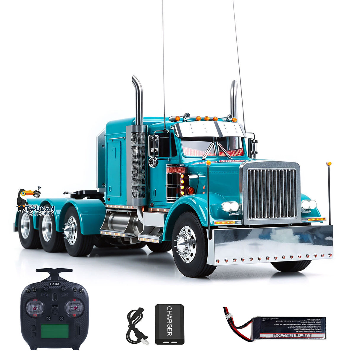 TOUCAN GrandHauler 1/14 RC 8X6 Metal Chassis Tractor Truck, RAL5018 Blue, 3-Speed Gearbox, Axle Differential Lock, Liftable Front Axle, Chassis Suspension, Light Sound & Smoke System, ST8 Transmitter, 2S 5200mAh Battery & Charger Included