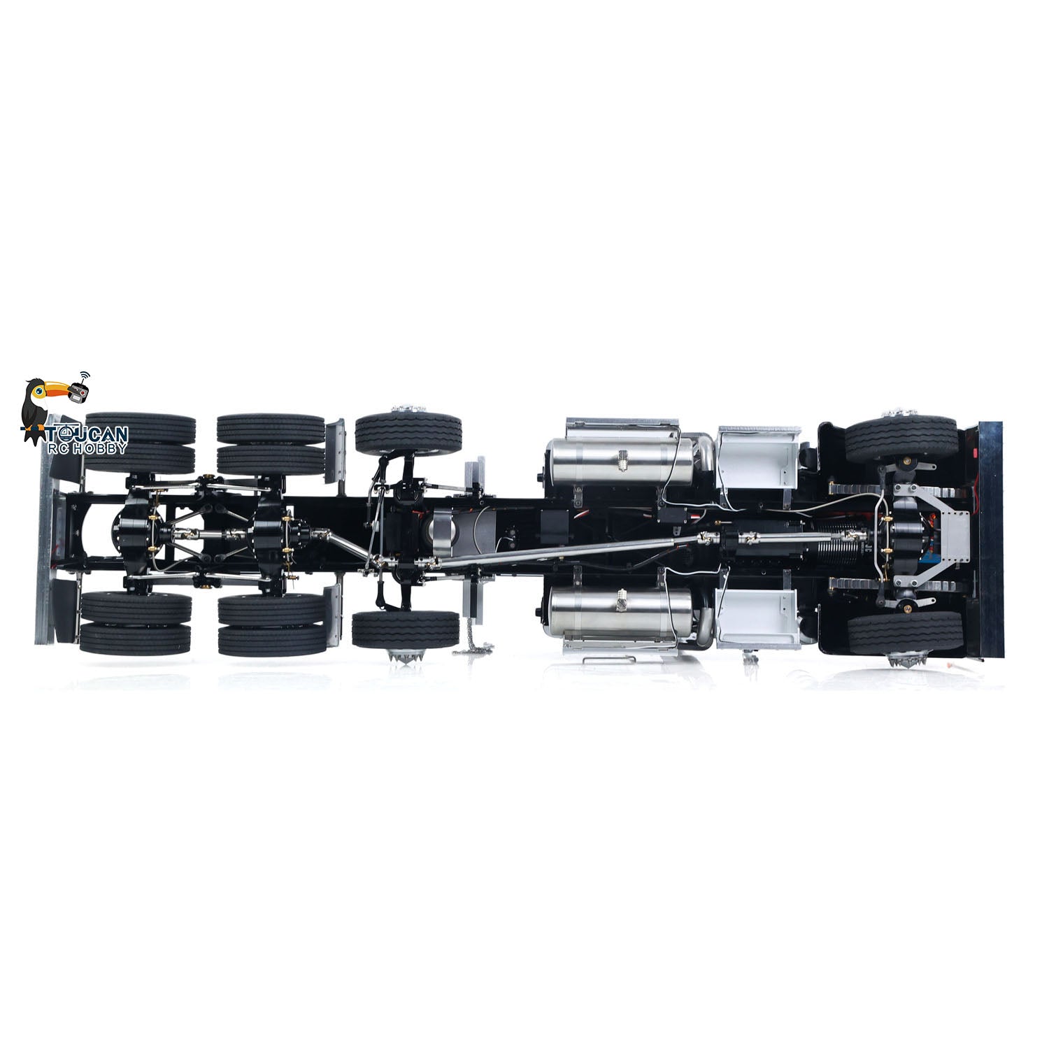 TOUCAN 1/14 RC 8X6 GrandHauler RC Tractor Truck Bottom Chassis Drivetrain Overhead Shot, 3‑Speed Gearbox Differential Lock Axle Internal Mechanical Detail