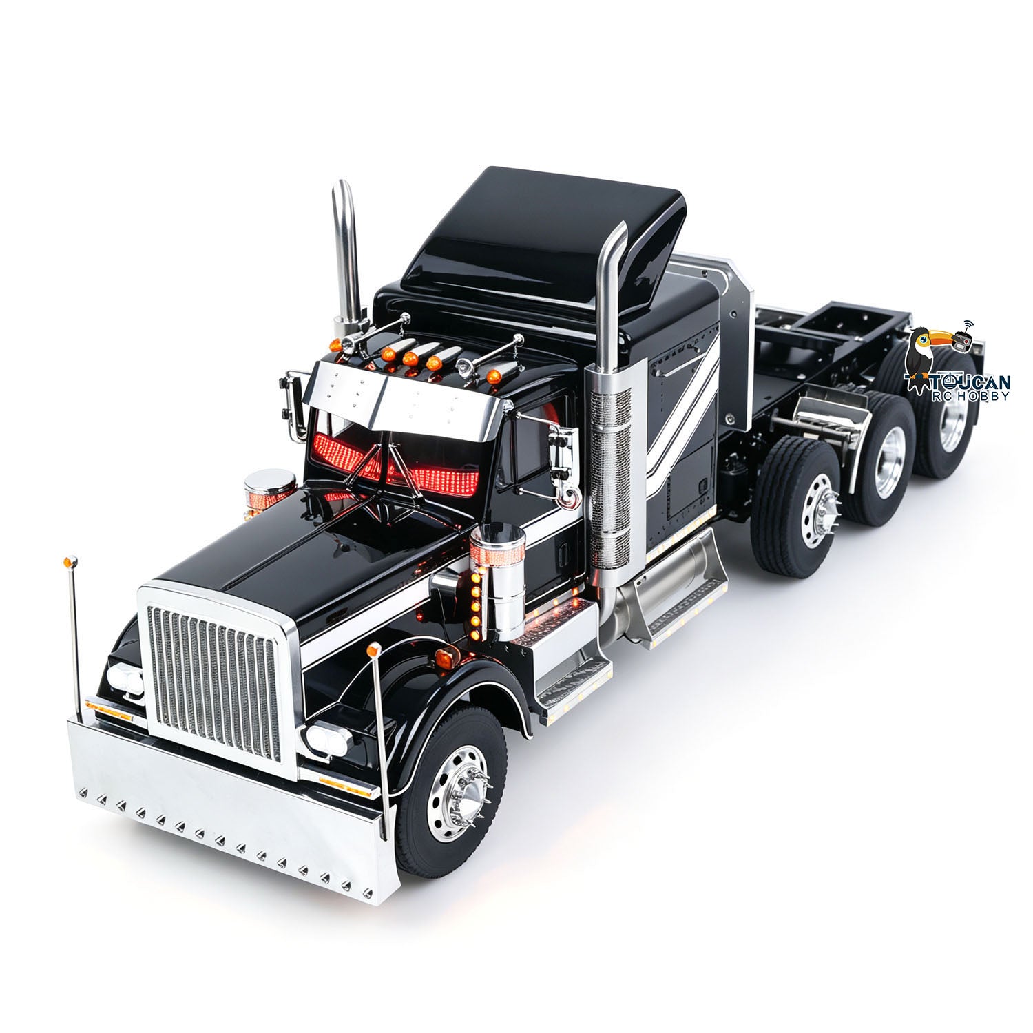 TOUCAN 1/14 RC 8X6 Heavy Duty Tractor Truck GrandHauler Side Oblique View, Black White Stripe Paint, Bumper Chimney Sun Visor Dynamic Eye Light Decoration Parts