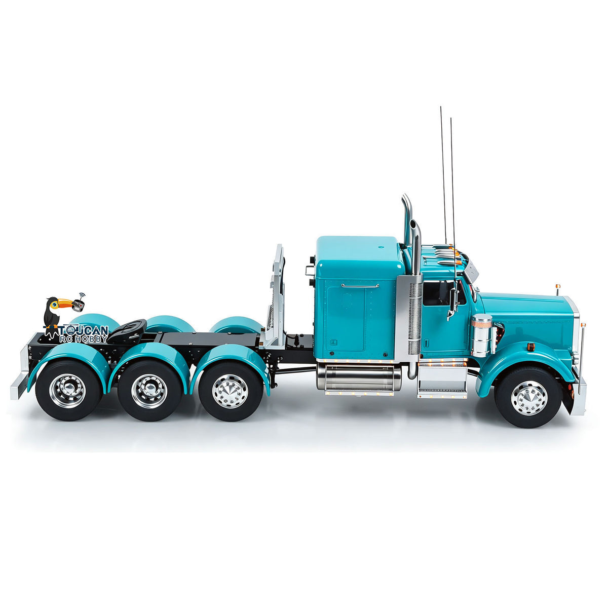 TOUCAN GrandHauler 1/14 RC 8X6 Metal Tractor Truck Blue Left Side Full Profile, Classic Long-Hood Design, Metal Antenna & Chrome Trim Details