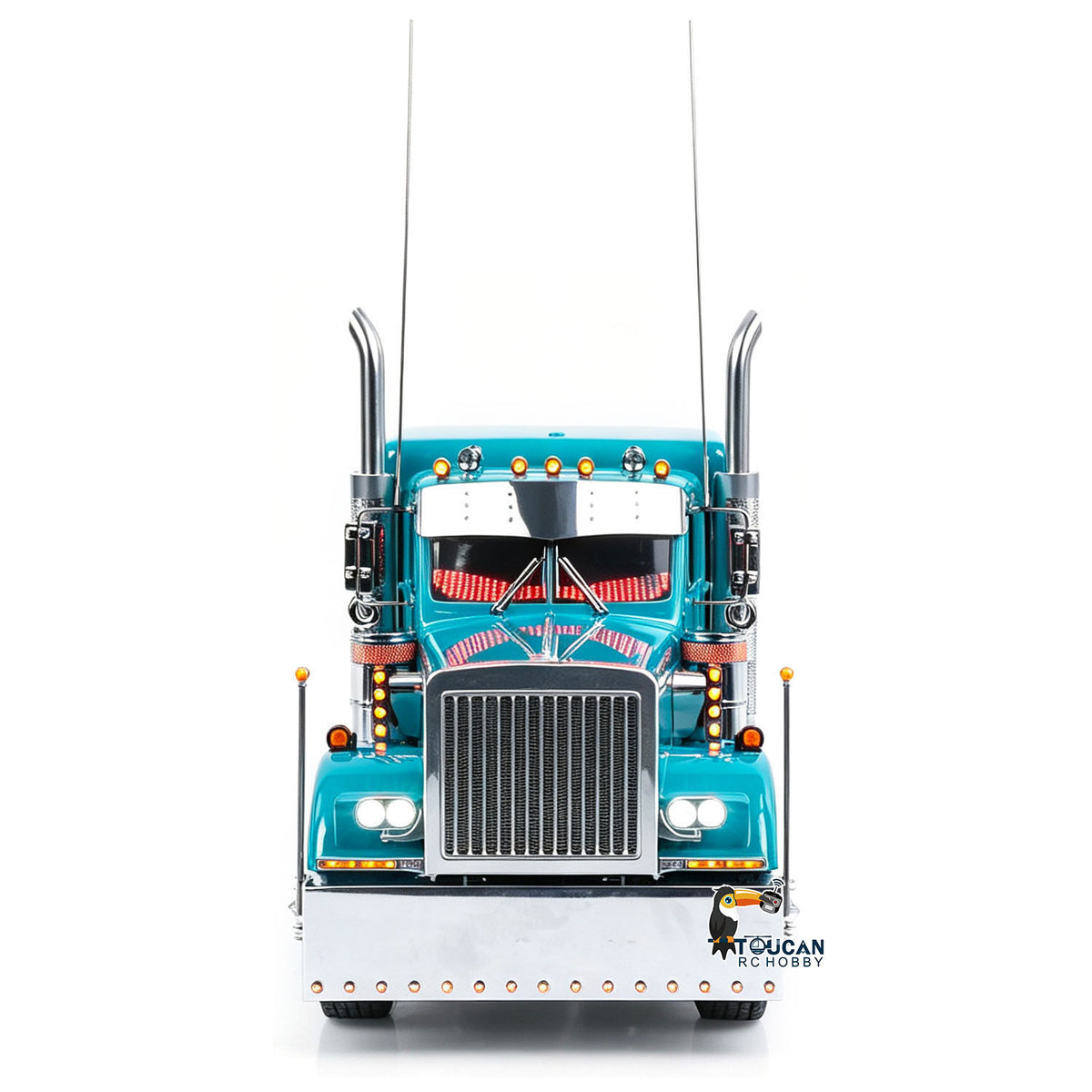 TOUCAN GrandHauler 1/14 RC 8X6 Metal Tractor Truck Blue Straight Front View, Front Bumper, Demon Eye Lights & Sun Visor Trim
