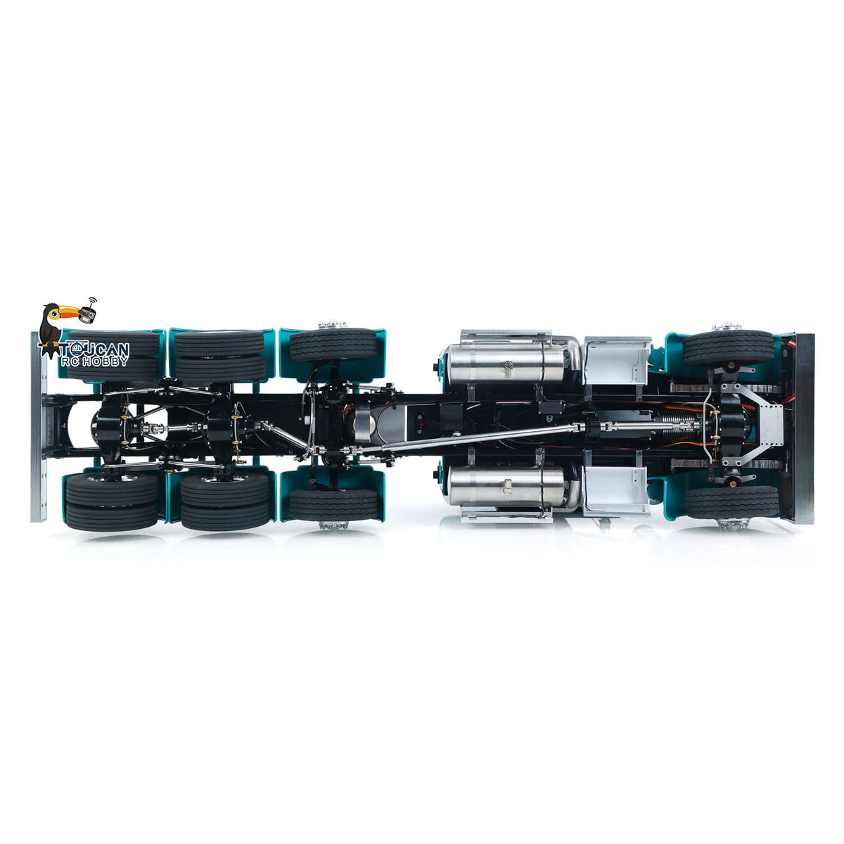 TOUCAN GrandHauler 1/14 RC 8X6 Tractor Truck Top-Down Chassis View, Full 8X6 Drivetrain, 3-Speed Gearbox & Differential Lock Layout