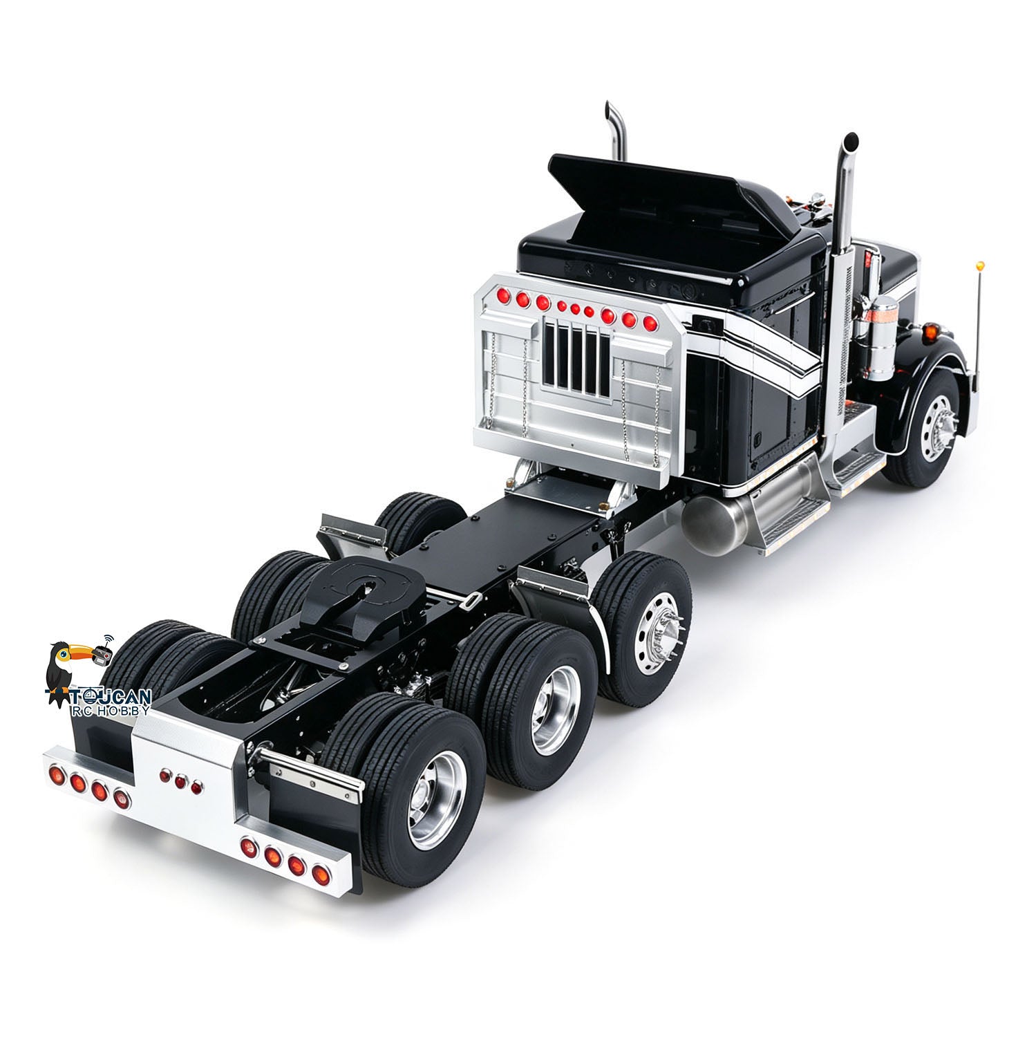 TOUCAN 1/14 RC 8X6 GrandHauler RC Tractor Truck Rear Side Full View, Modified Steerable Mid‑lift Axle, Suspended Chassis Heavy‑Haul Scale Truck Model