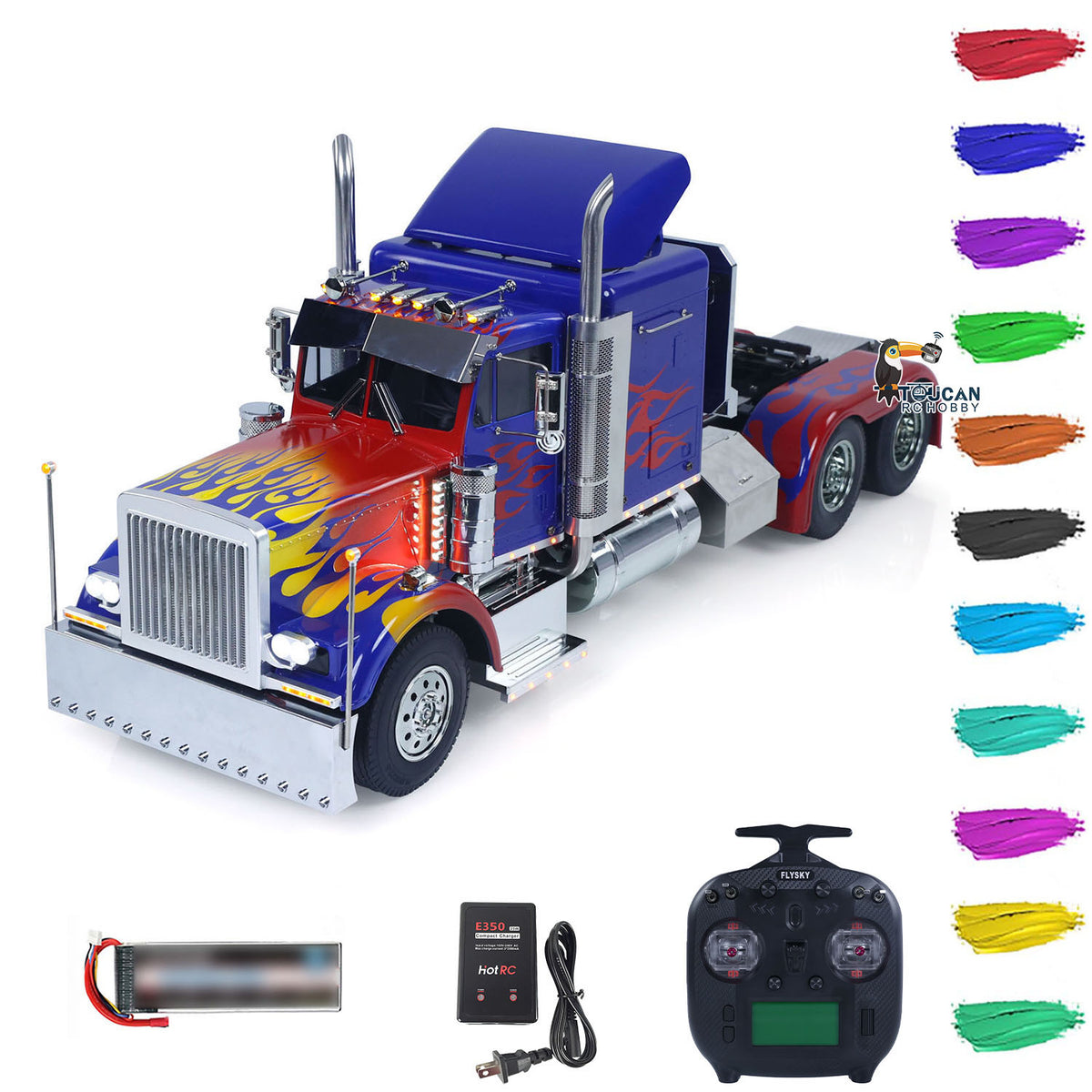 TOUCAN GrandHauler 56344 1/14 RC 6X4 Tractor Truck, Flame Blue Paint, 3-Speed Transmission, Chassis Suspension, Light Sound & Smoke System, ST8 Transmitter, Battery & Charger Included, Custom Colors Available