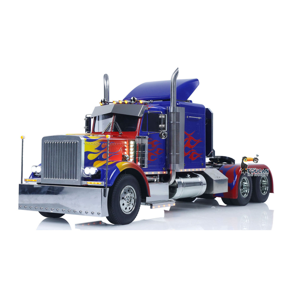 TOUCAN GrandHauler 56344 1/14 RC 6X4 Tractor Truck Flame Blue Right Front Oblique View, Metal Sun Visor & Front Bumper Trim