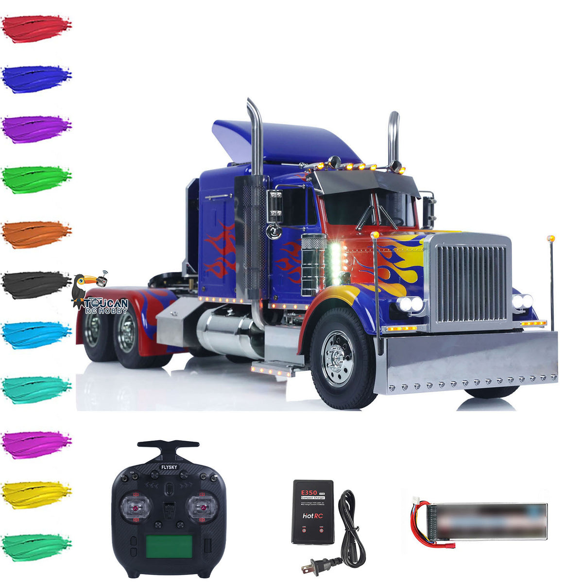 TOUCAN GrandHauler 56344 1/14 RC 6X4 Tractor Truck Flame Blue Front Oblique View, With Full Accessory Set, Upgraded 1080 Brushed Motor & ESC