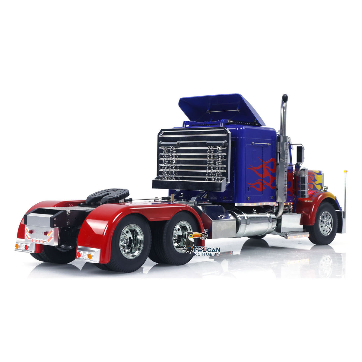 TOUCAN GrandHauler 56344 1/14 RC 6X4 Tractor Truck Flame Blue Left Rear Oblique View, Rear Chassis Frame & Side Marker Light Detail