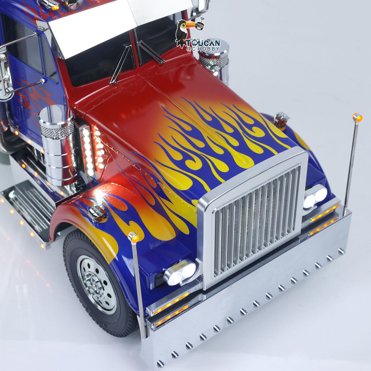 TOUCAN GrandHauler 56344 1/14 RC Tractor Truck Front Close-Up, Custom Flame Blue Paint Scheme, Metal Front Grille & Bumper