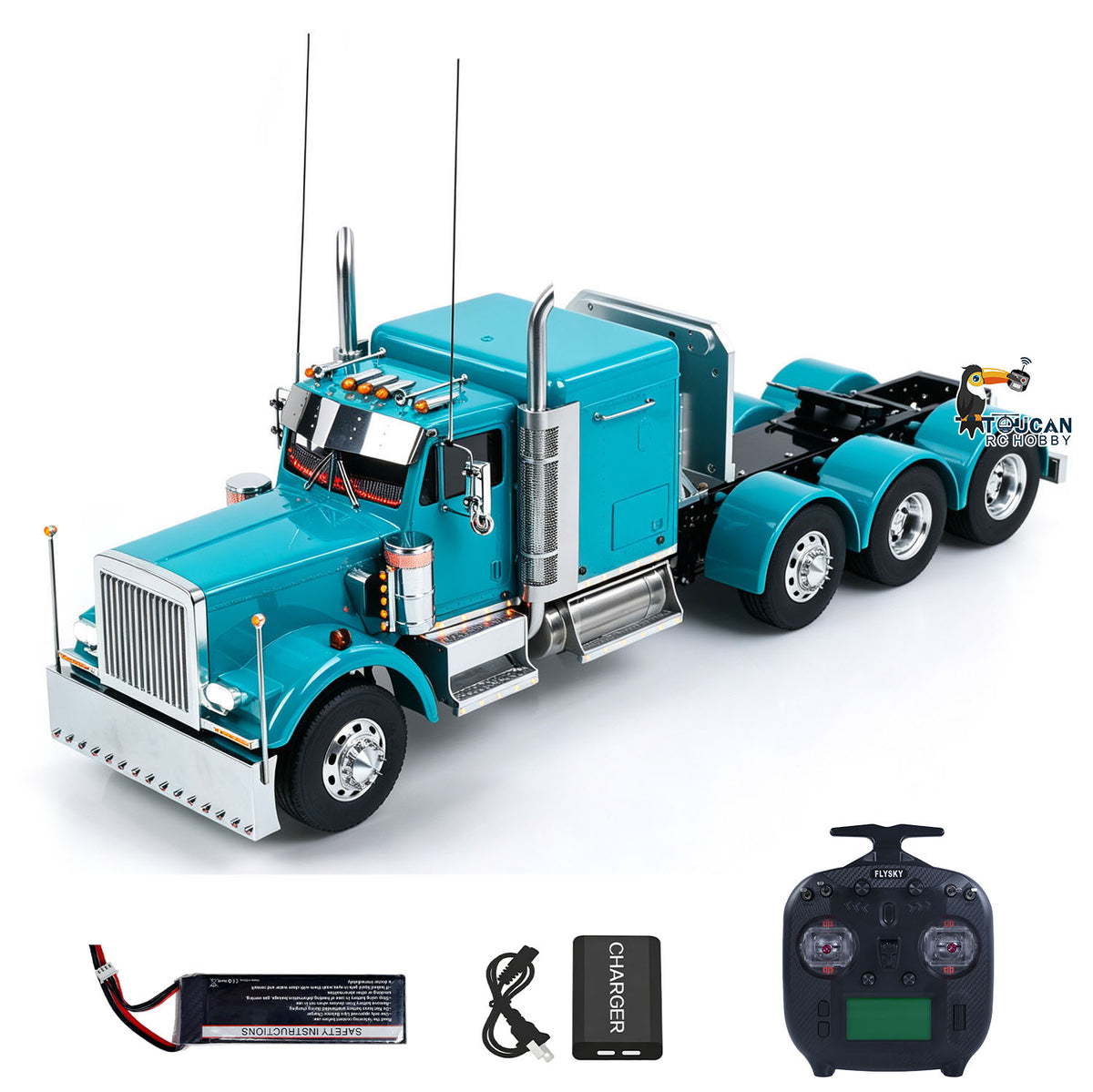 TOUCAN GrandHauler 1/14 RC 8X6 Metal Tractor Truck Blue Front Oblique View, With ST8 Remote Controller, Battery & Charger, Hobbywing Brushless Motor & ESC
