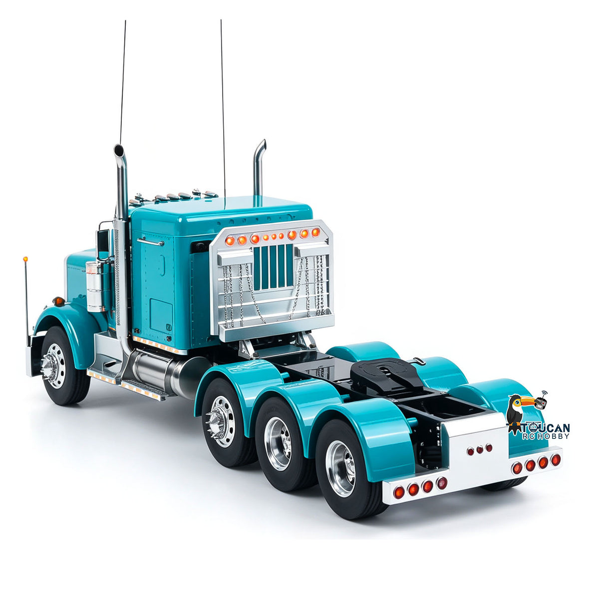 TOUCAN GrandHauler 1/14 RC 8X6 Metal Tractor Truck Blue Right Rear Oblique View, Rear Equipment Rack & Multi-Axle Chassis Structure