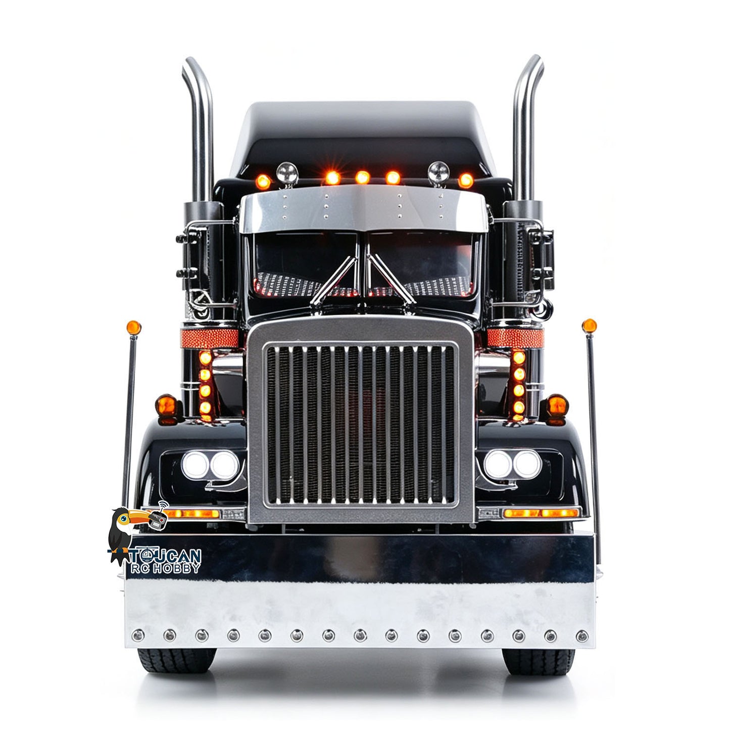 TOUCAN 1/14 RC Metal 8X6 GrandHauler Tractor Truck Straight Front View, Front Bumper, Sun Visor, Dynamic Eye Light Headlight Decoration, Black White Stripe Body