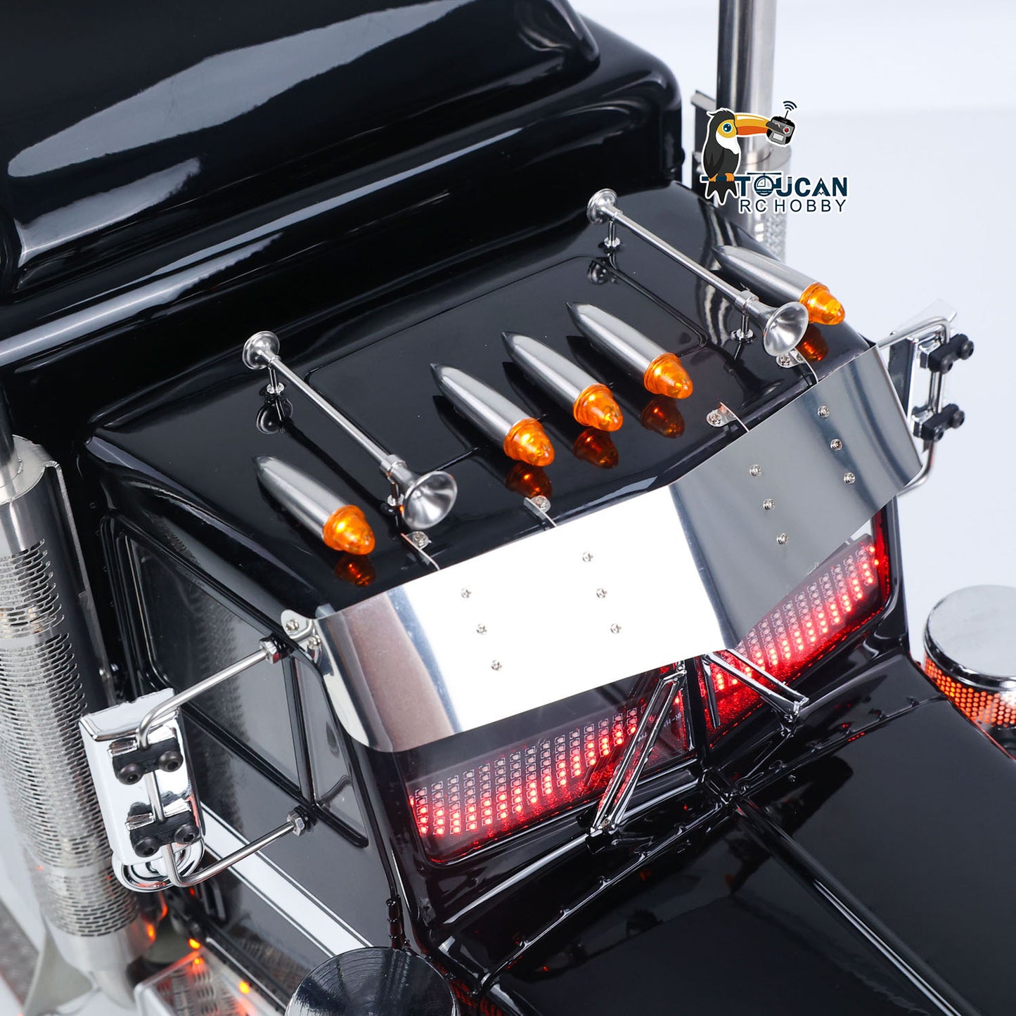 TOUCAN 1/14 RC 8X6 GrandHauler Tractor Truck Side Body Close‑up, Metal Chimney, Side Step And Marker Light, Black White Stripe Paint Texture Detail