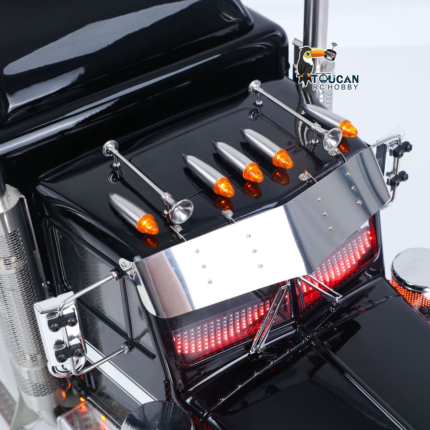 TOUCAN 1/14 RC 8X6 GrandHauler Tractor Truck Side Body Close‑up, Metal Chimney, Side Step And Marker Light, Black White Stripe Paint Texture Detail