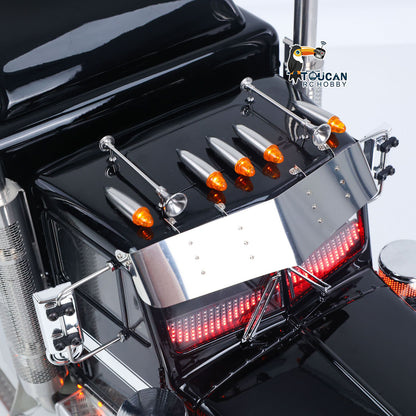 TOUCAN 1/14 RC 8X6 GrandHauler Tractor Truck Side Body Close‑up, Metal Chimney, Side Step And Marker Light, Black White Stripe Paint Texture Detail