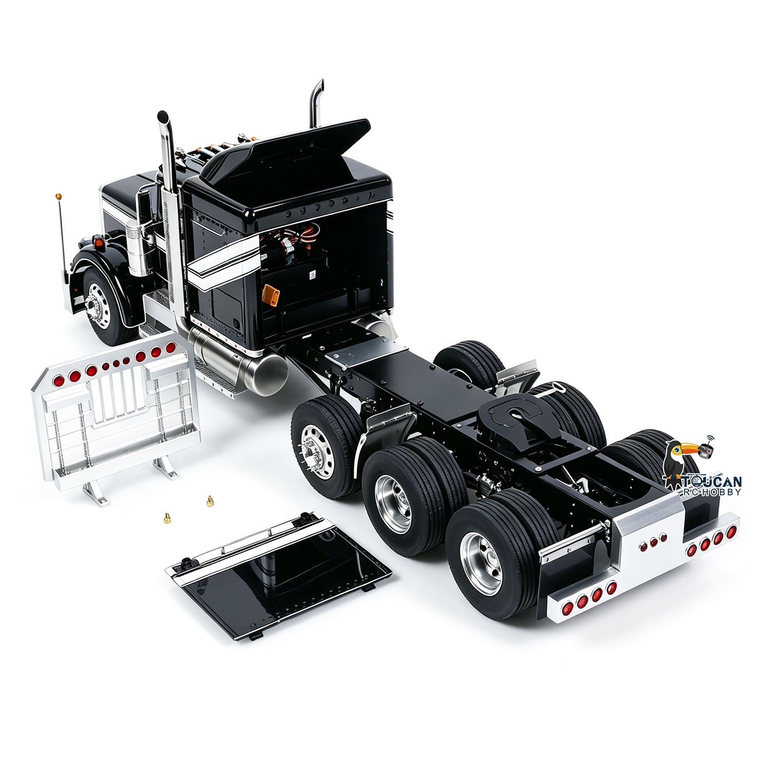 TOUCAN 1/14 RC Metal 8X6 GrandHauler Tractor Truck Tilt‑Up Cab View, Equipment Rack Decoration, Internal Equipment Compartment Layout Display