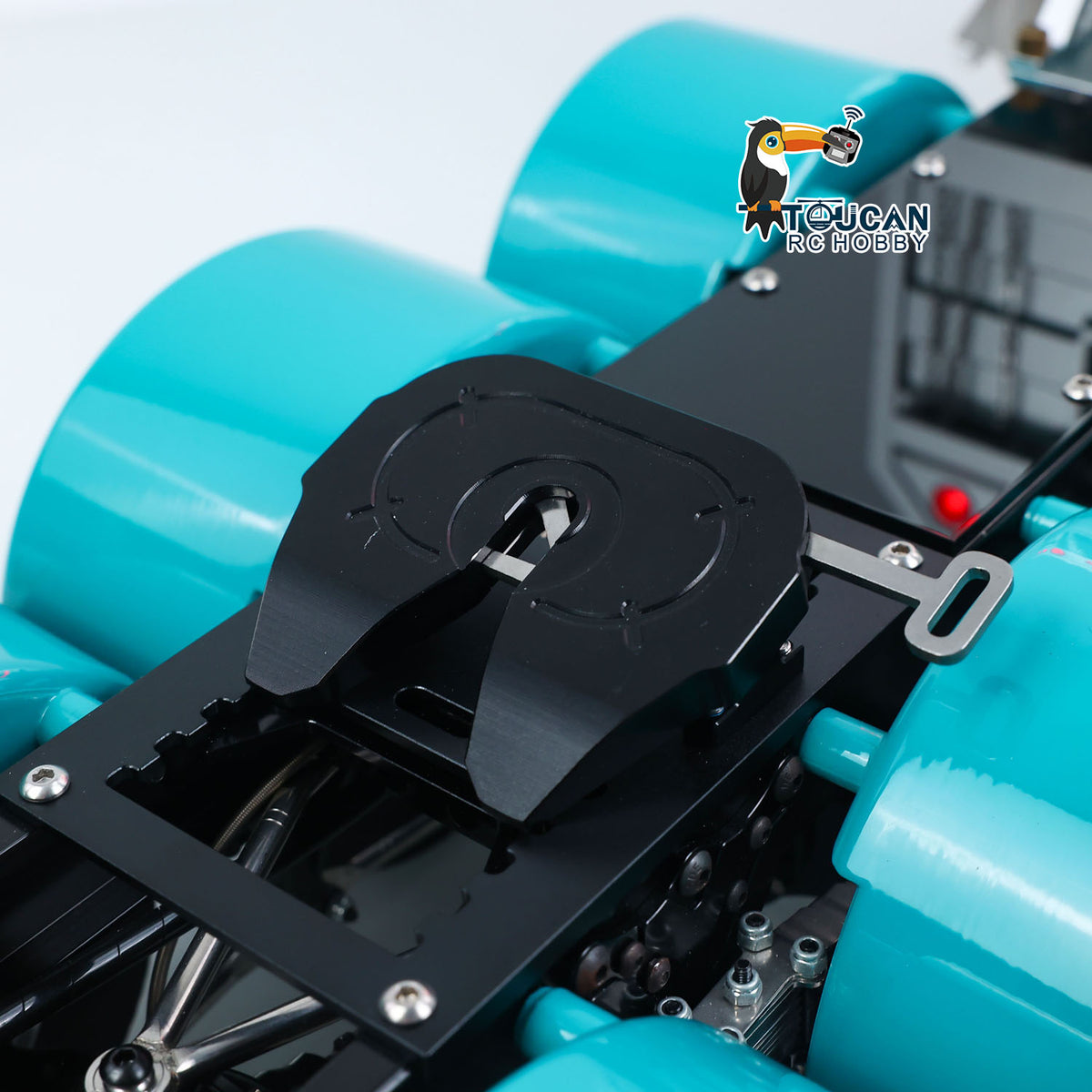 TOUCAN GrandHauler 1/14 RC Tractor Truck Chassis Side Close-Up, Hobbywing Brushless Motor, ESC & Exhaust System Detail