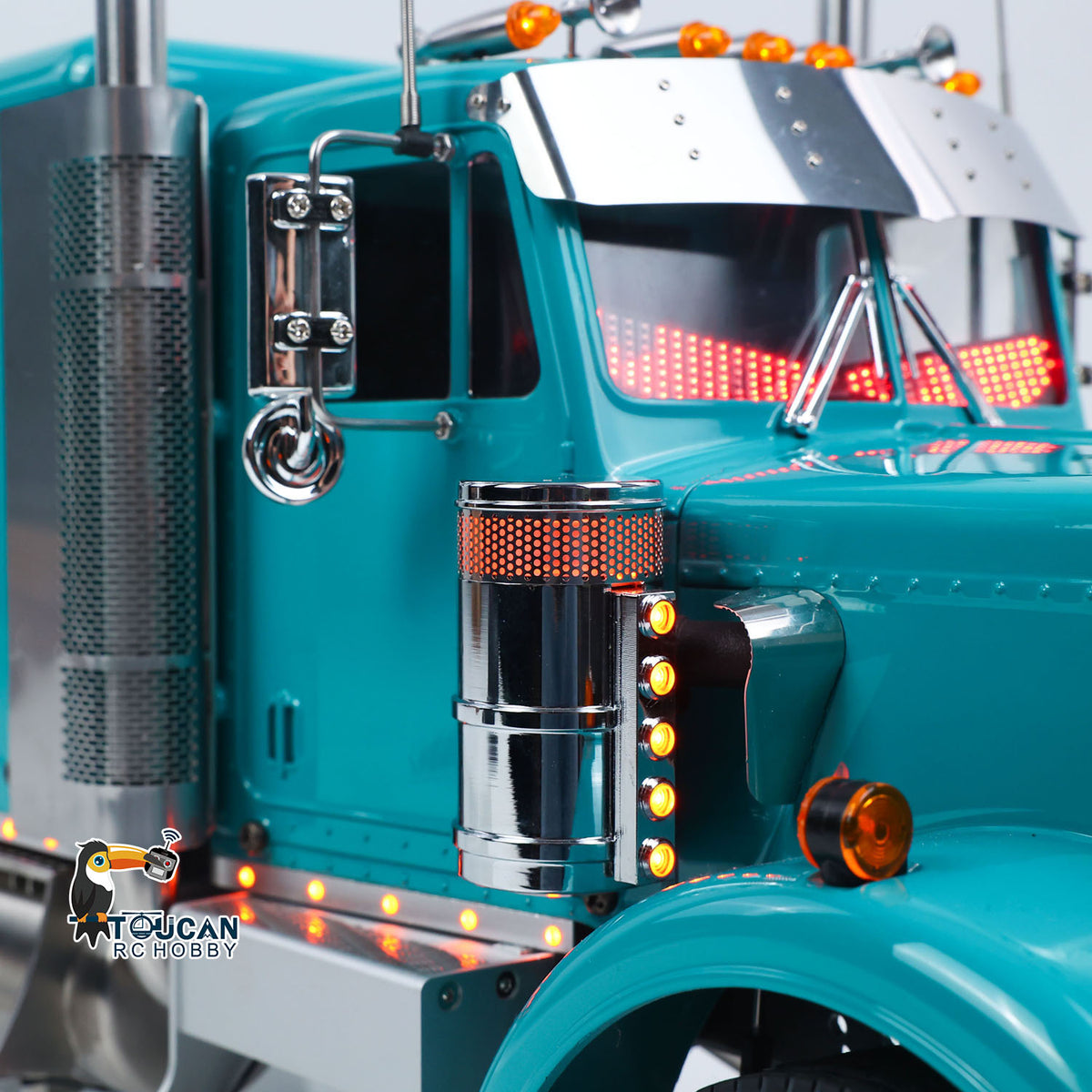TOUCAN GrandHauler 1/14 RC Tractor Truck Front Side Close-Up, Side Marker Lights, Chrome Exhaust Chimney & Detailed Cab Trim