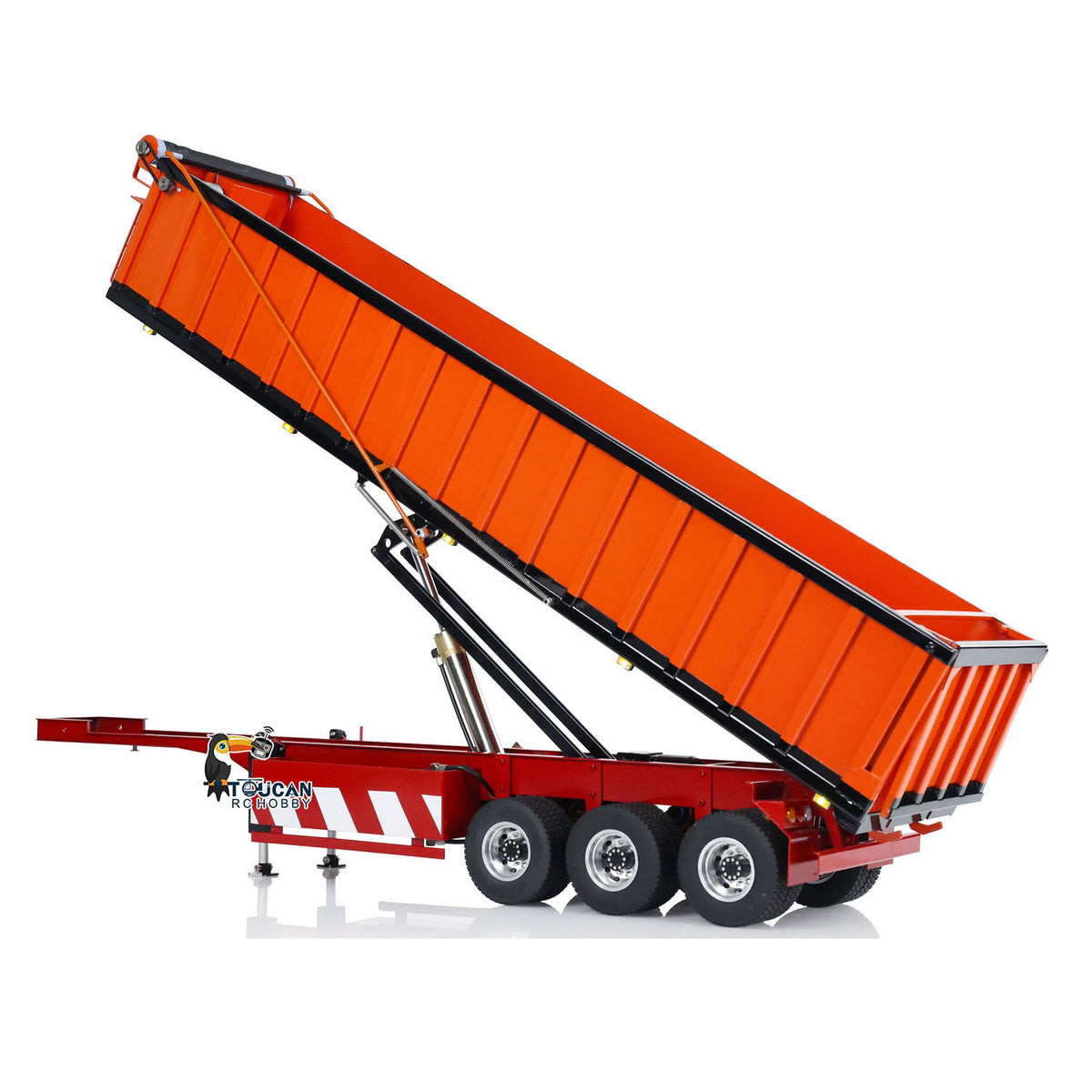 TOUCAN HHG 1/14 RC 3-Axle Hydraulic Dump Semi-Trailer Orange, Tilted Cargo Box Working Pose With Support Legs, Full Hydraulic Function Display