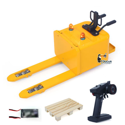 Toucan JC01 1/14 electric RC reach forklift front left view with remote controller battery and pallet forks