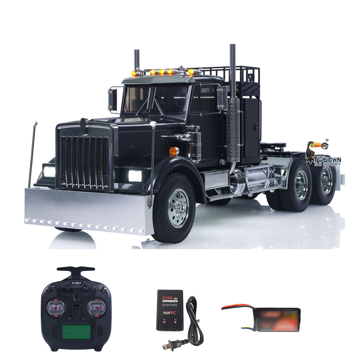 TOUCAN KingHauler 56336 1/14 RC 6X4 Tractor Truck, Original Black, 3-Speed Transmission, Chassis Suspension & Smoke System, Light & Sound System, Premium Metal Accessories, Remote Controller, Battery & Charger Included