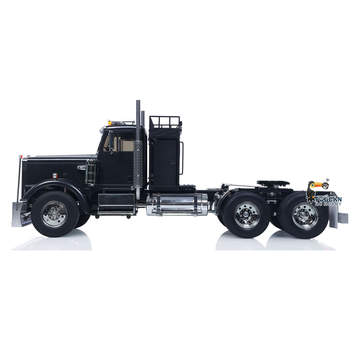 TOUCAN KingHauler 56336 1/14 RC 6X4 Tractor Truck Black Left Side Full Profile, Classic Long-Hood Design, Metal Exhaust Chimney & Equipment Rack