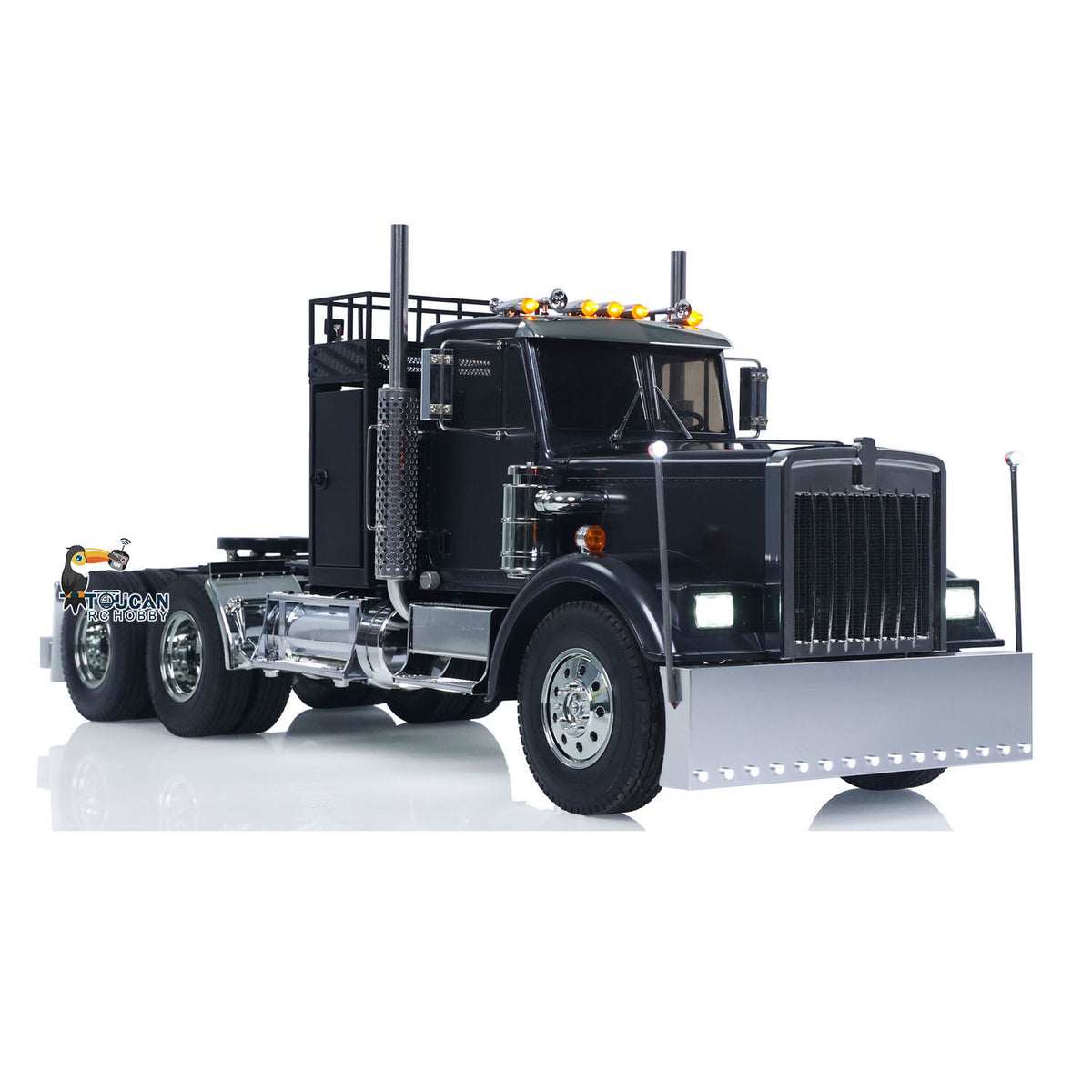 TOUCAN KingHauler 56336 1/14 RC 6X4 Tractor Truck Black Right Front Oblique View, Metal Front Bumper, Realistic Chassis Suspension Effect