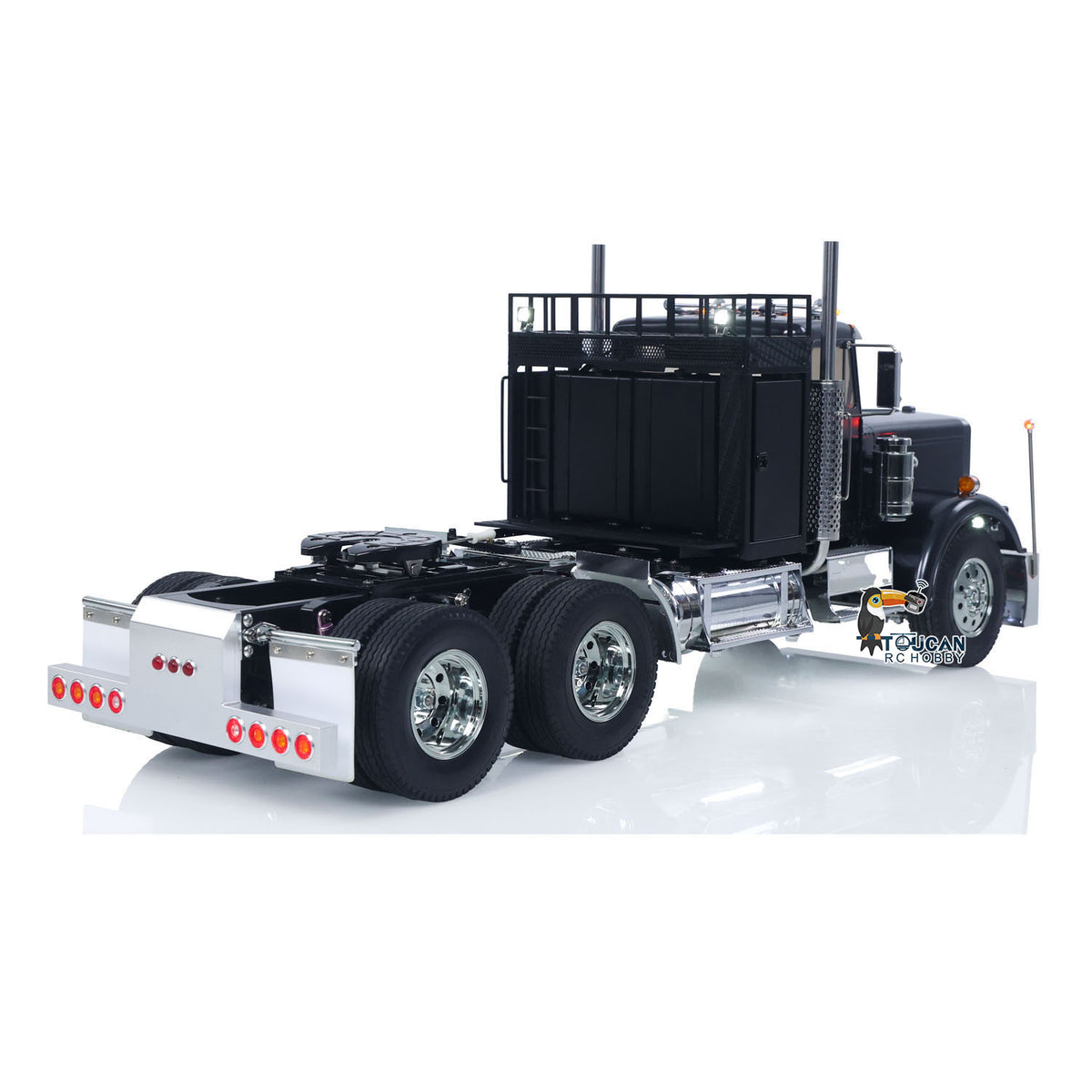 TOUCAN KingHauler 56336 1/14 RC 6X4 Tractor Truck Black Straight Rear View, Rear Tail Light Bar & Fifth Wheel Coupling