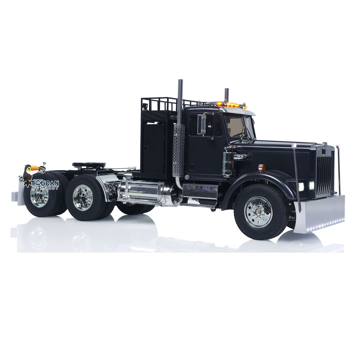 TOUCAN KingHauler 56336 1/14 RC 6X4 Tractor Truck Black Front Oblique Alternate Angle, Factory Black Body With TOUCAN Modified Equipment Rack