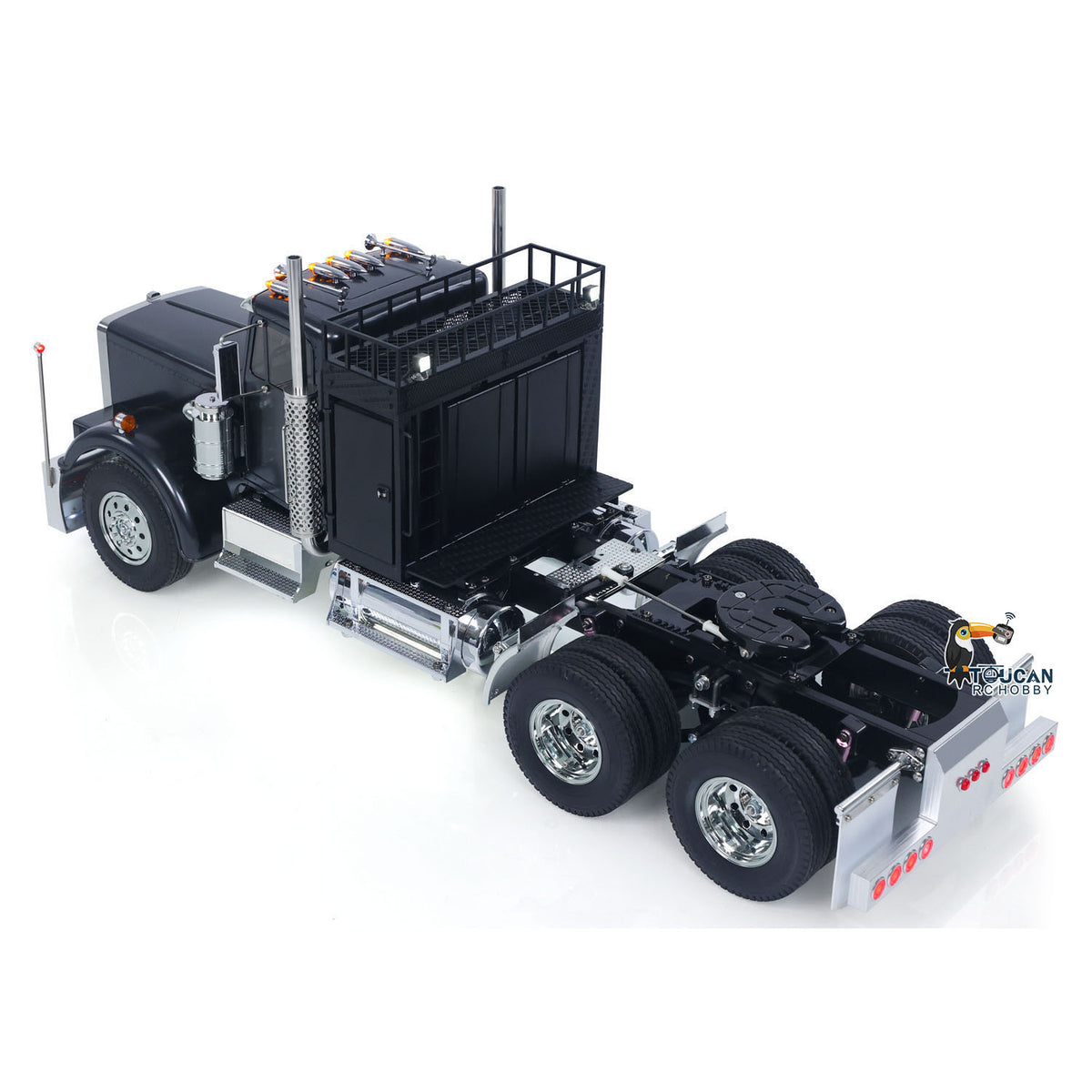 TOUCAN KingHauler 56336 1/14 RC 6X4 Tractor Truck Black Right Rear Oblique View, Rear Chassis Frame & Multi-Axle Structure Detail