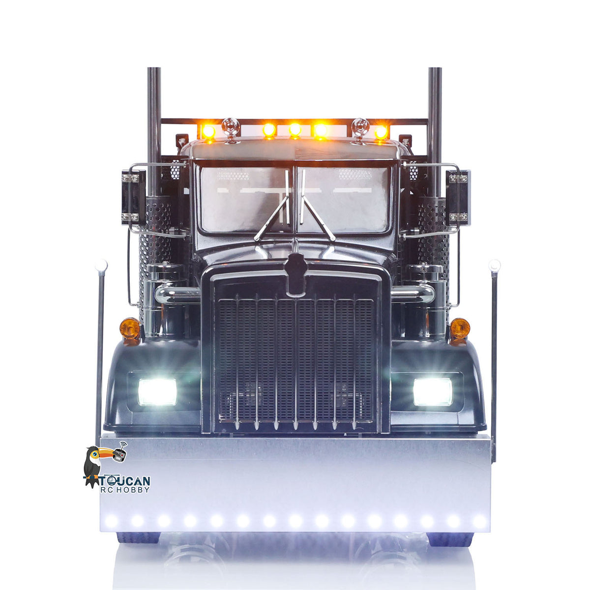 TOUCAN KingHauler 56336 1/14 RC 6X4 Tractor Truck Black Straight Front View, Illuminated Roof Lights & Headlights, Full Working Light System