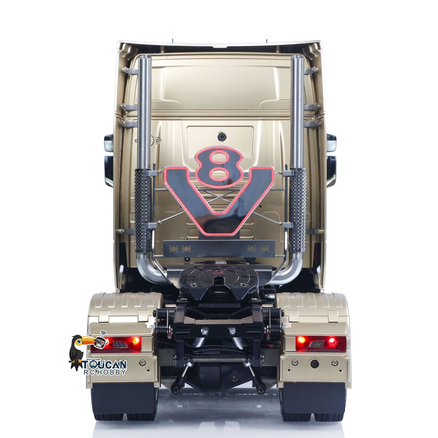 TOUCAN Modified TAMIYA Chassis 56379 1/14 4x2 RC Tractor Truck Straight Rear Cabin View With V8 Exhaust Light