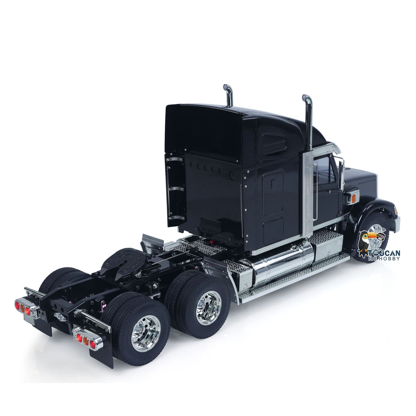 TOUCAN 1/14 RC 56314 Black Knight 6X4 Semi Truck, Right Rear Oblique Shot, Show Chrome Trim, Dual Rear Axle Wheel Assembly, Finished RC Tractor Unit