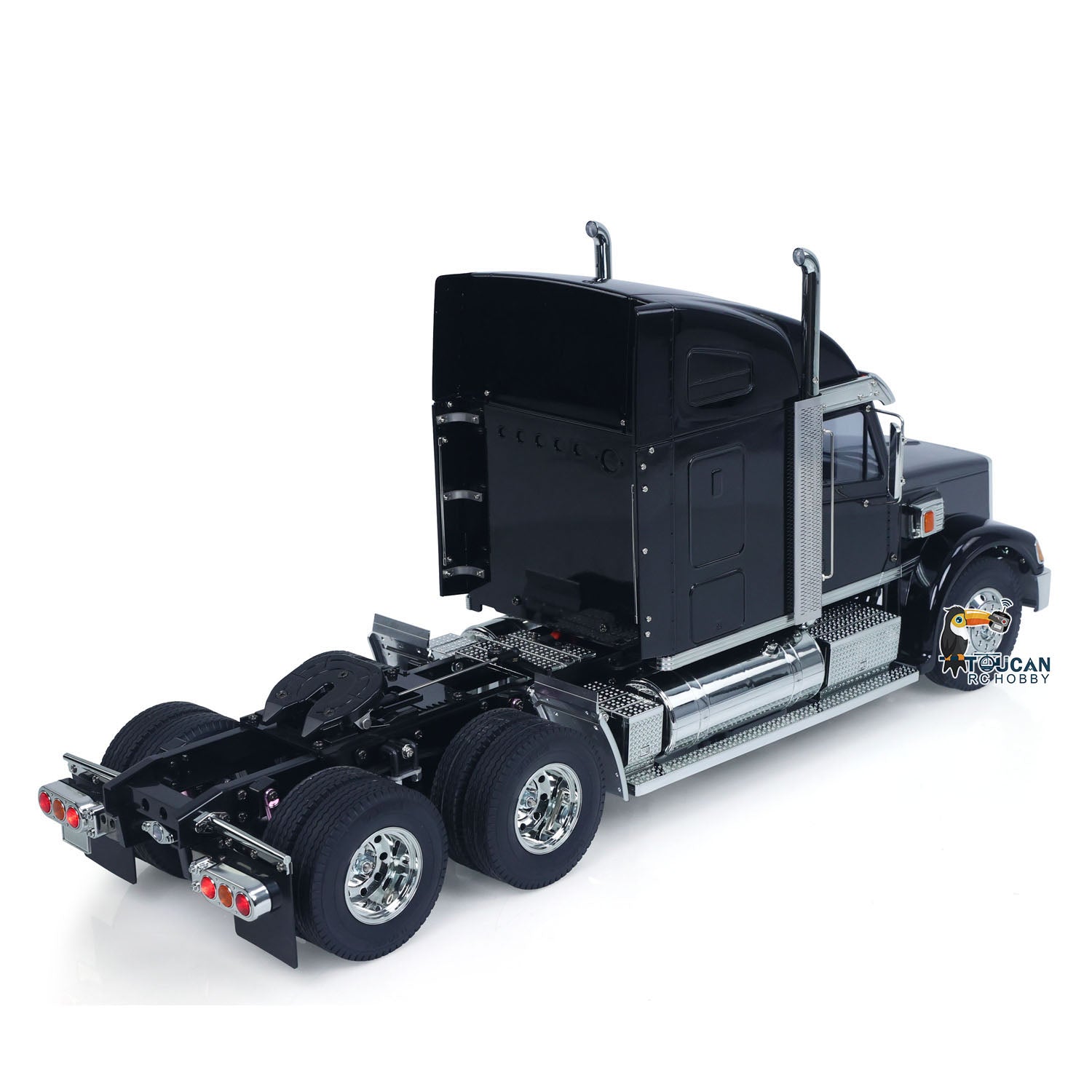 TOUCAN 1/14 RC 56314 Black Knight 6X4 Semi Truck, Right Rear Oblique Shot, Show Chrome Trim, Dual Rear Axle Wheel Assembly, Finished RC Tractor Unit