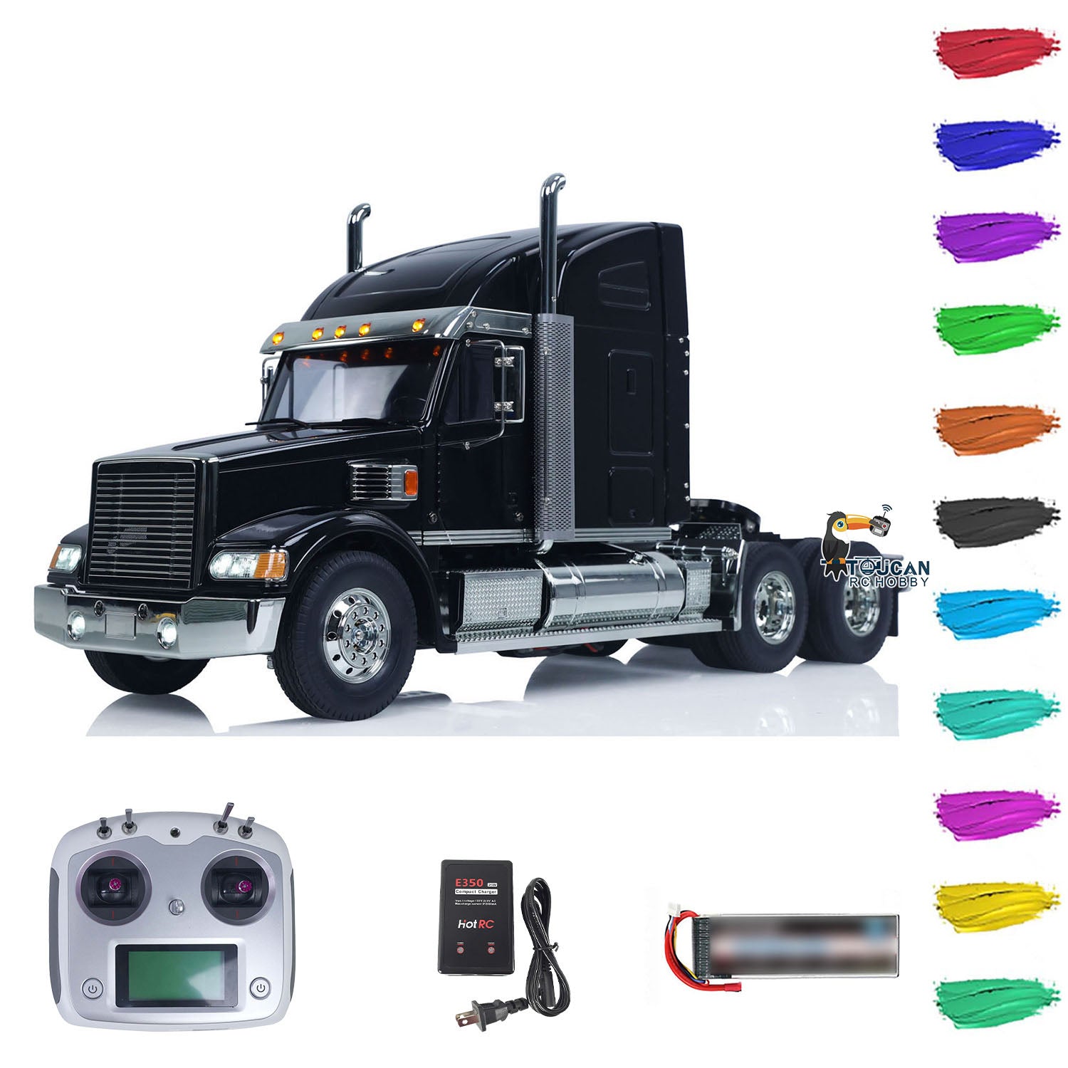 TOUCAN 1/14 RC 56314 6X4 Black Knight Semi Tractor Truck, Front 45‑Degree Exterior View, Complete Accessory Kit And Multi‑Color Reference Swatch Display