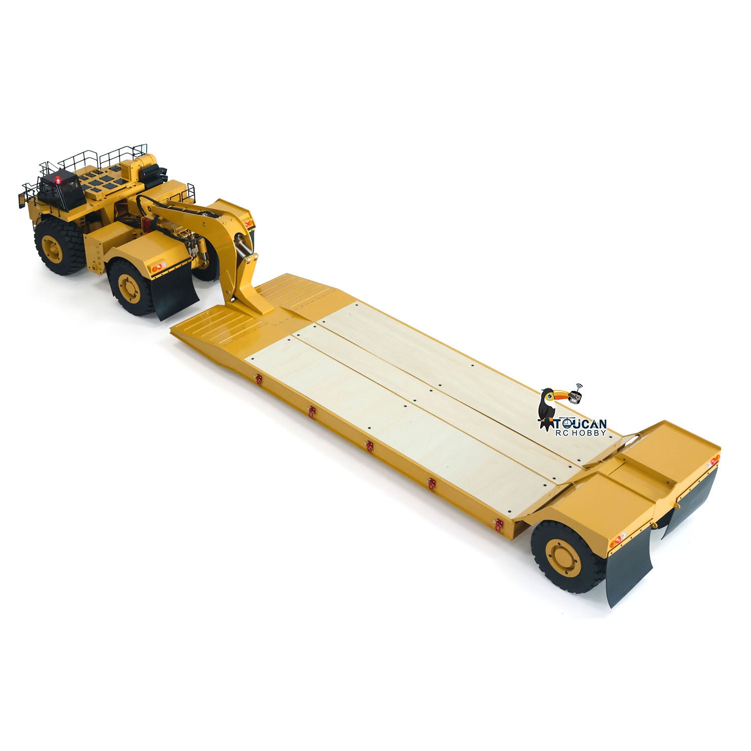 TOUCAN 1/20 RC 739D‑Extended Mining Gooseneck Trailer, Tractor‑Trailer Combination 45‑Degree Exterior Shot, Yellow Painted Metal RC Heavy‑Duty Mine Transport Model