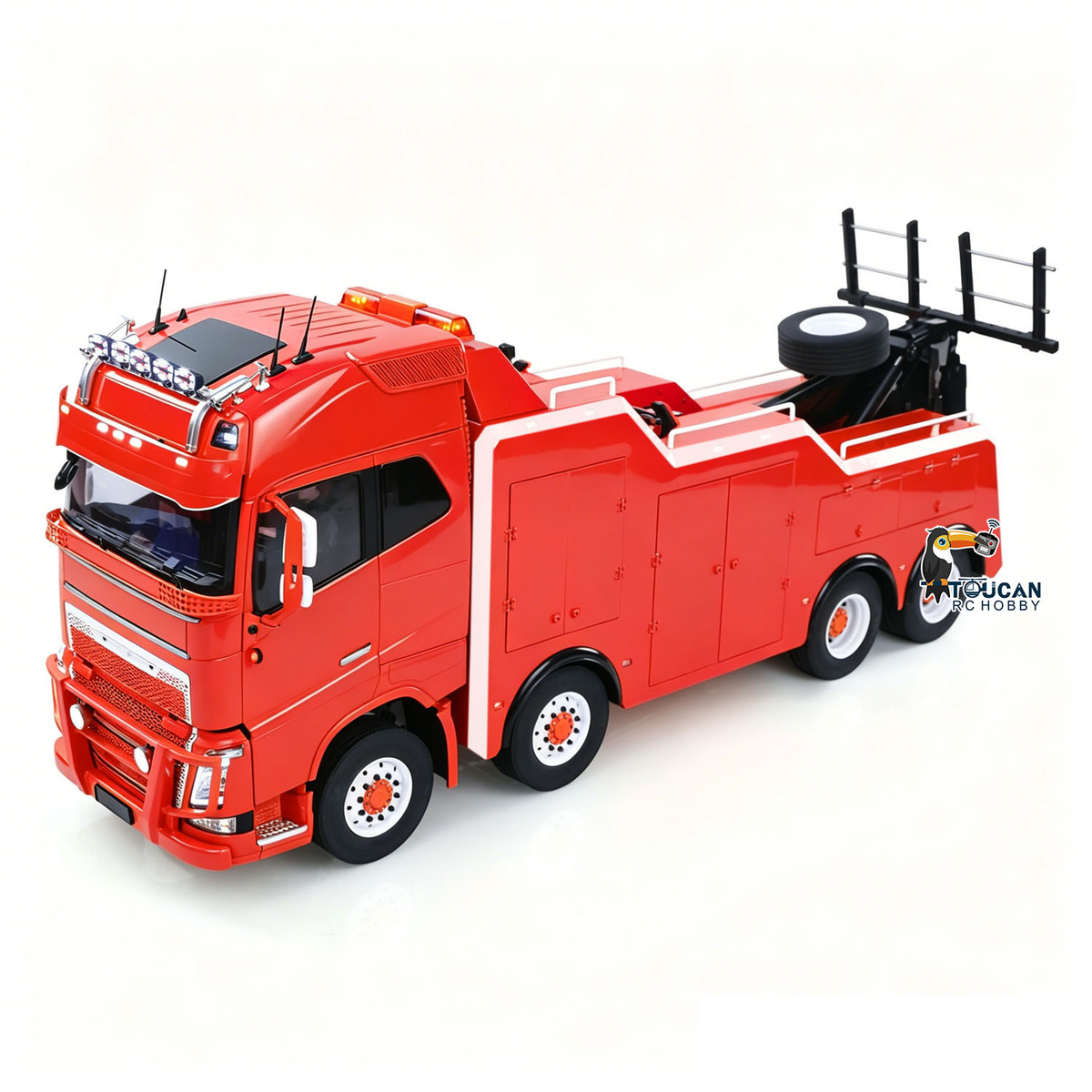 TOUCAN 1/14 RC 8X4 Road Rescue Wrecker Truck Red Right Front Oblique View, Front Bumper Guard & Windshield Protection Net Trim