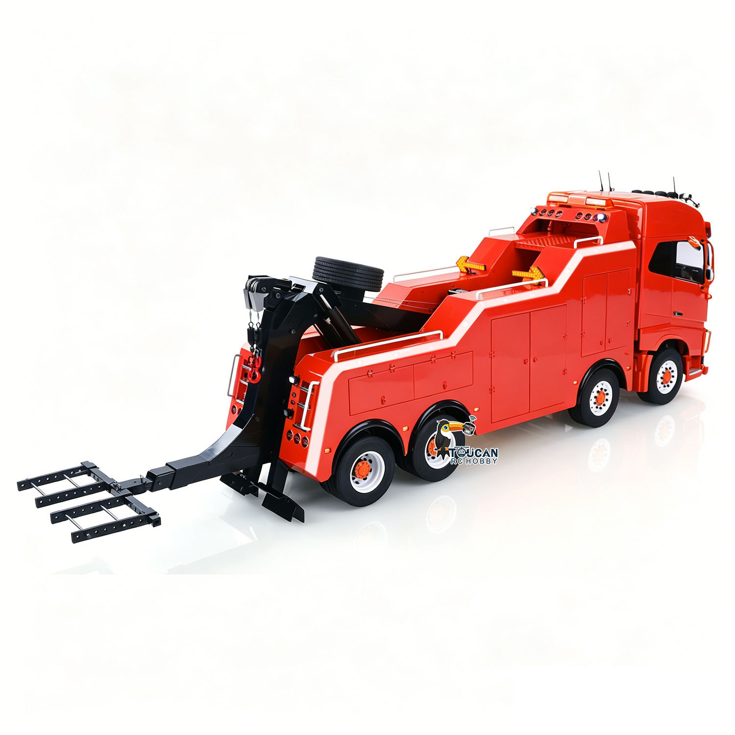 TOUCAN 1/14 RC 8X4 Road Rescue Wrecker Truck Red Right Rear View, Extended Rescue Tow Arm, Realistic Wrecker Equipment Structure