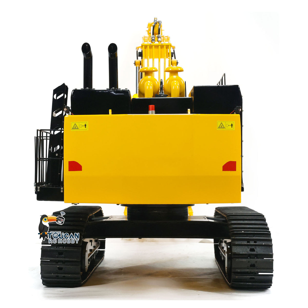TOUCAN TYMX PC1250 1/8 RC Metal Hydraulic Tracked Excavator Yellow Straight Rear View, Rear Counterweight & Exhaust Assembly Detail