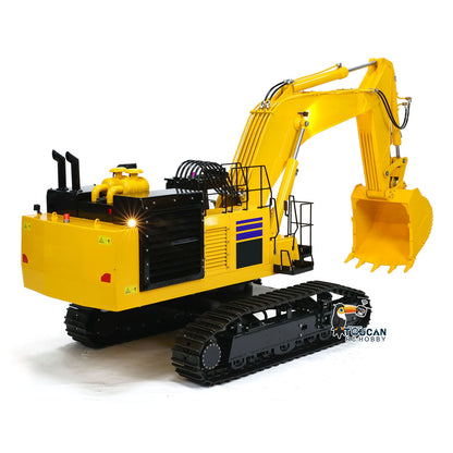 TOUCAN TYMX PC1250 1/8 RC Metal Hydraulic Tracked Excavator Yellow Rear Oblique View, Retracted Bucket, Brushed Hydraulic Pump Motor