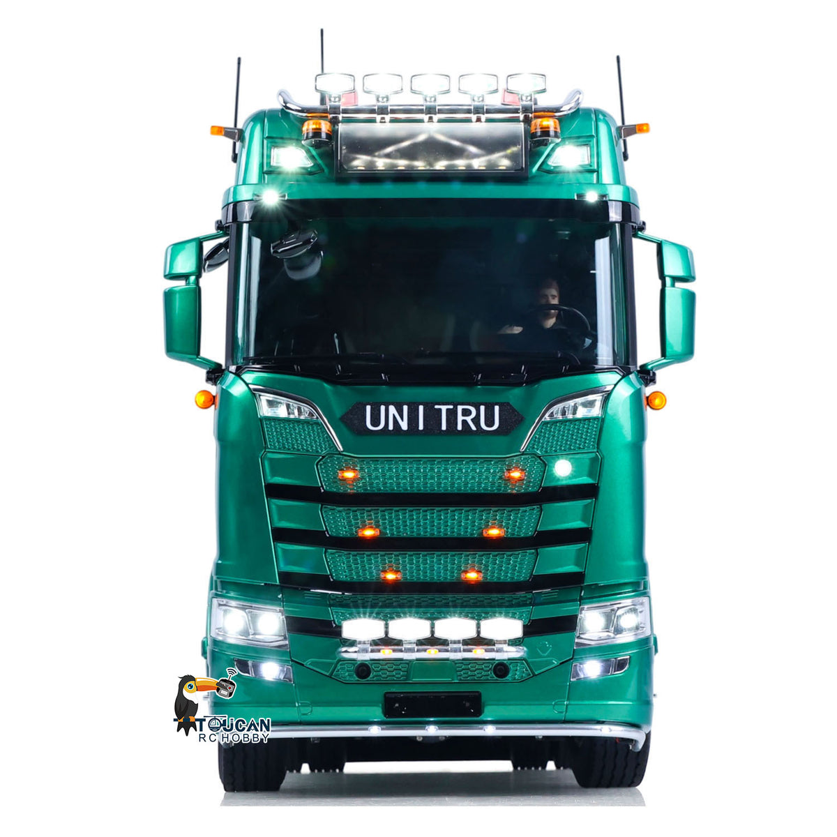 TOUCAN Z008 1/14 RC 4X4 Tractor Truck Green Straight Front View, Illuminated Roof Lights & Headlights, Full Functional Lighting System