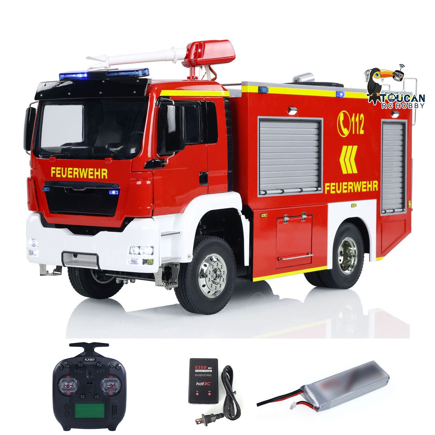 TOUCAN 1/14 4x2 RC Water Spray Fire Truck PS010, Factory Pre‑Painted Pre‑Assembled German Text Body, Red‑White‑Black Color, Motor ESC Servo Light & Sound Set, ST8 Transmitter, Battery And Charger Included, RC Emergency Vehicle Model